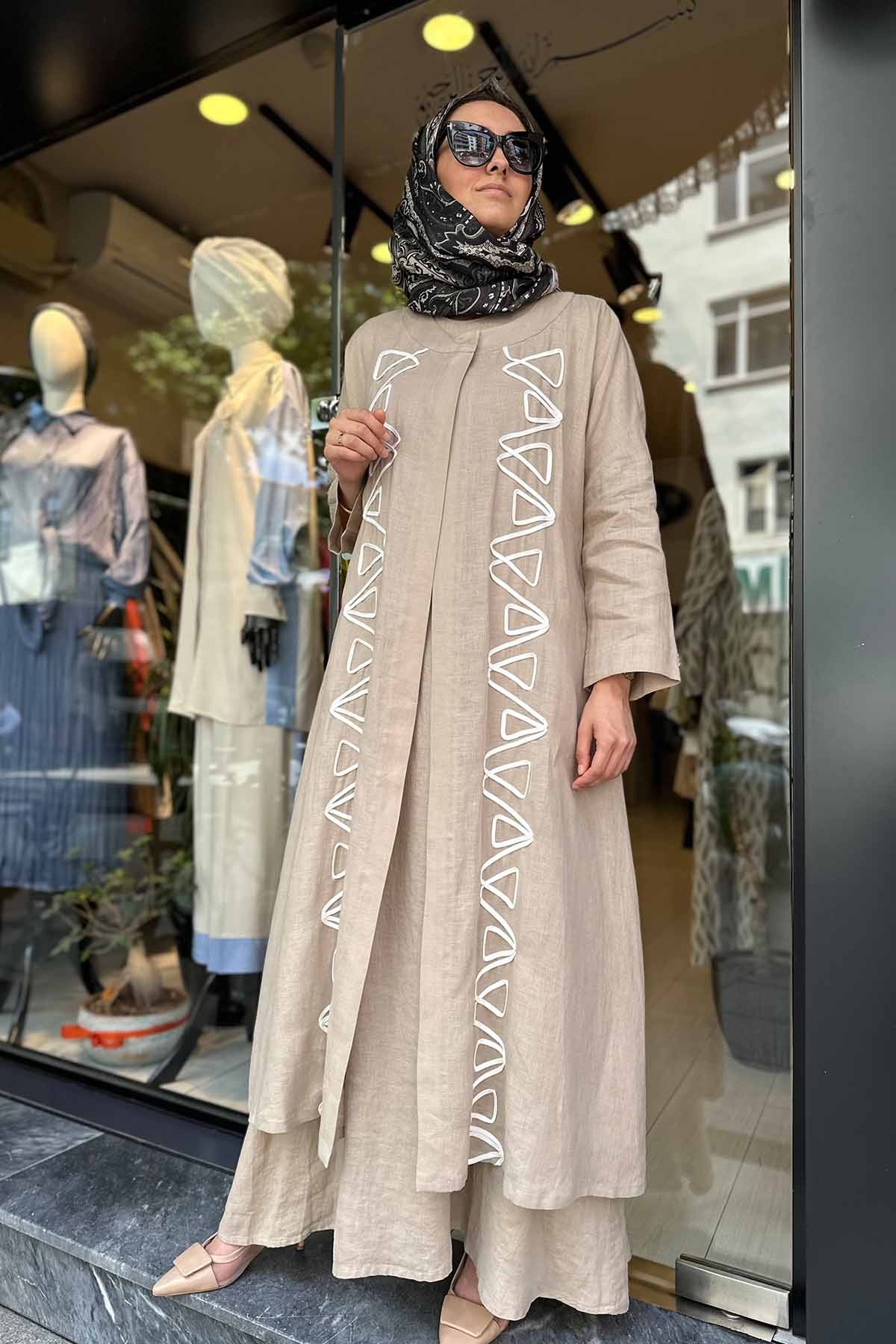 NAKIŞ DETAYLI KETEN KAFTAN