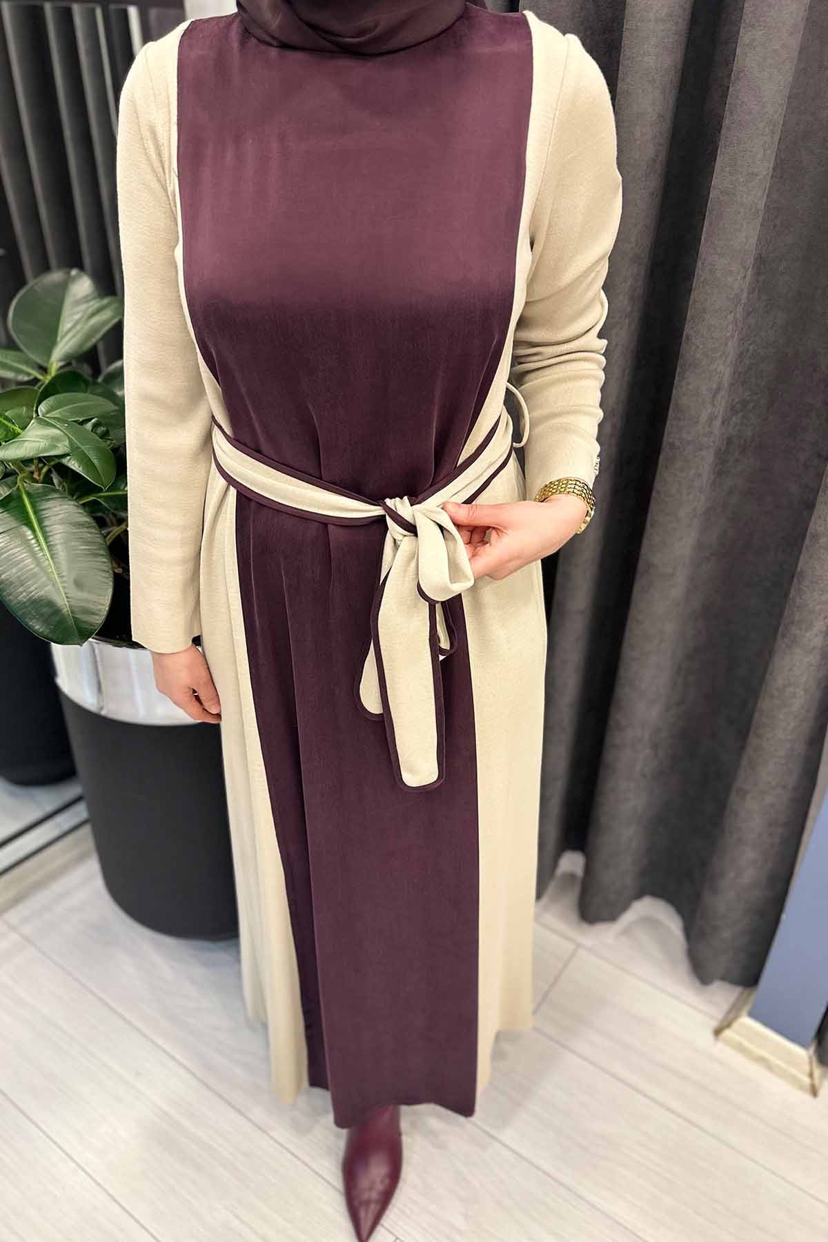 BELİ KUŞAKLI CUPRO ELBİSE