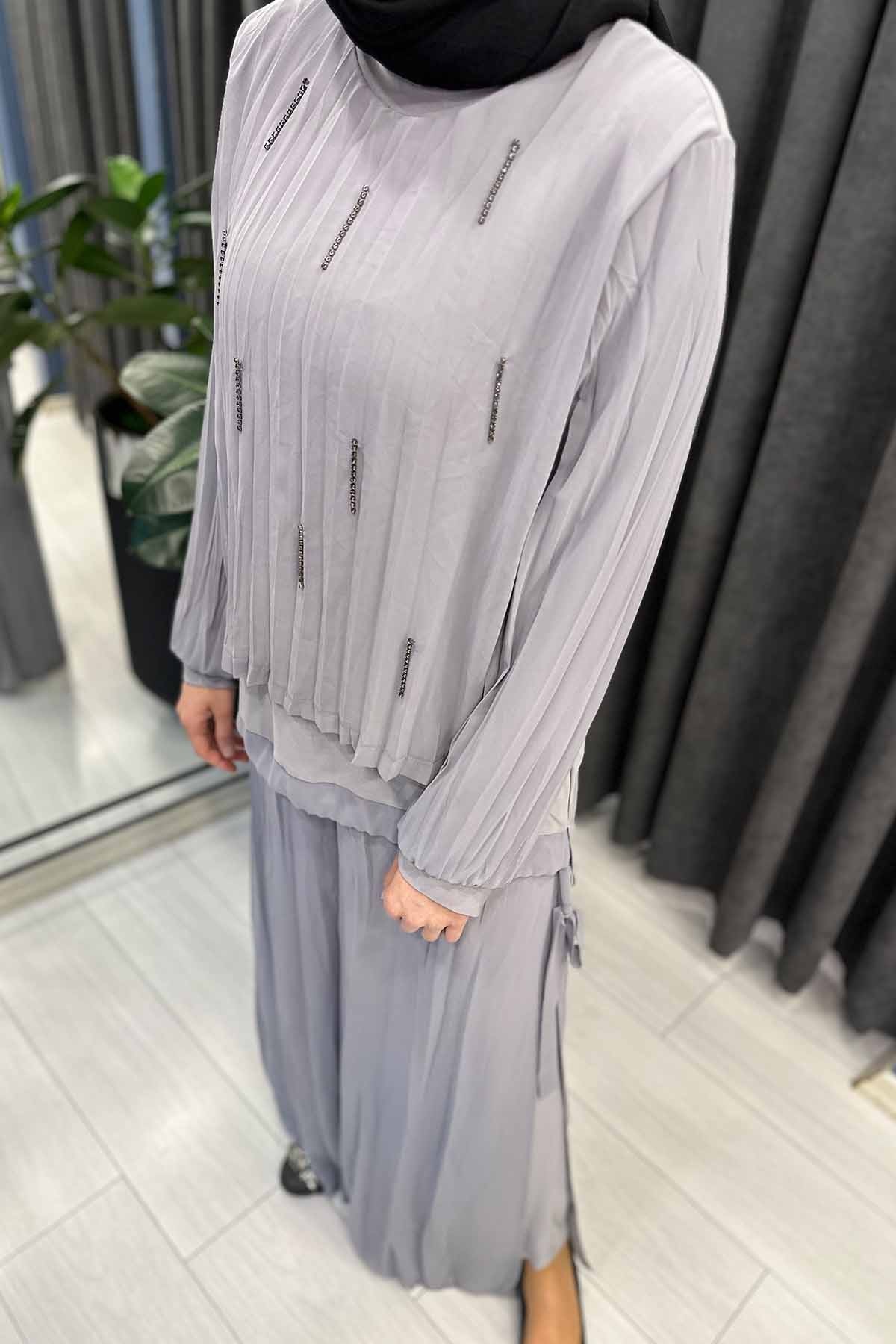 İÇİ SANDYLİ KOMPLE ŞİFON KRAŞLI PANTOLONLU TAKIM