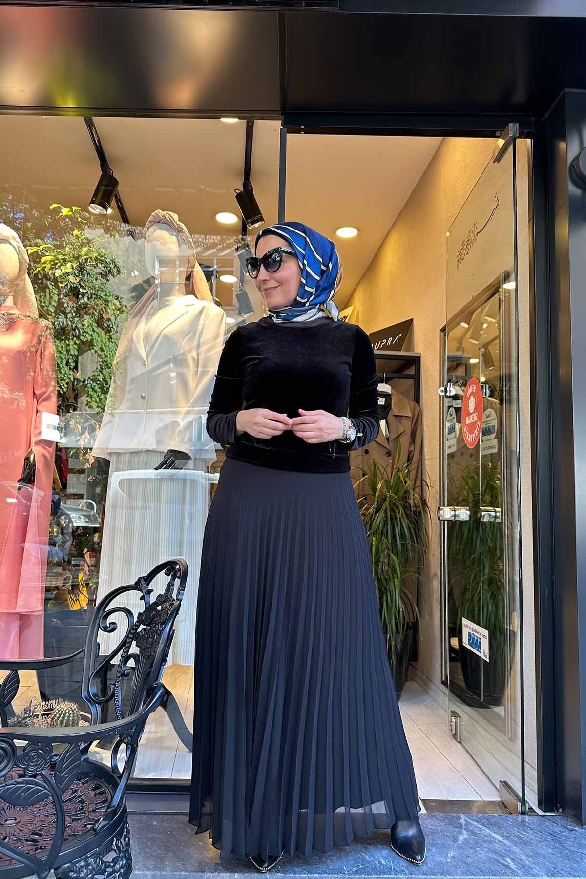KADİFE ŞİFON PİLELİ ELBİSE