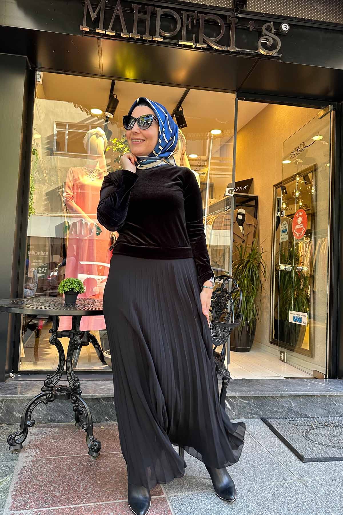KADİFE ŞİFON PİLELİ ELBİSE