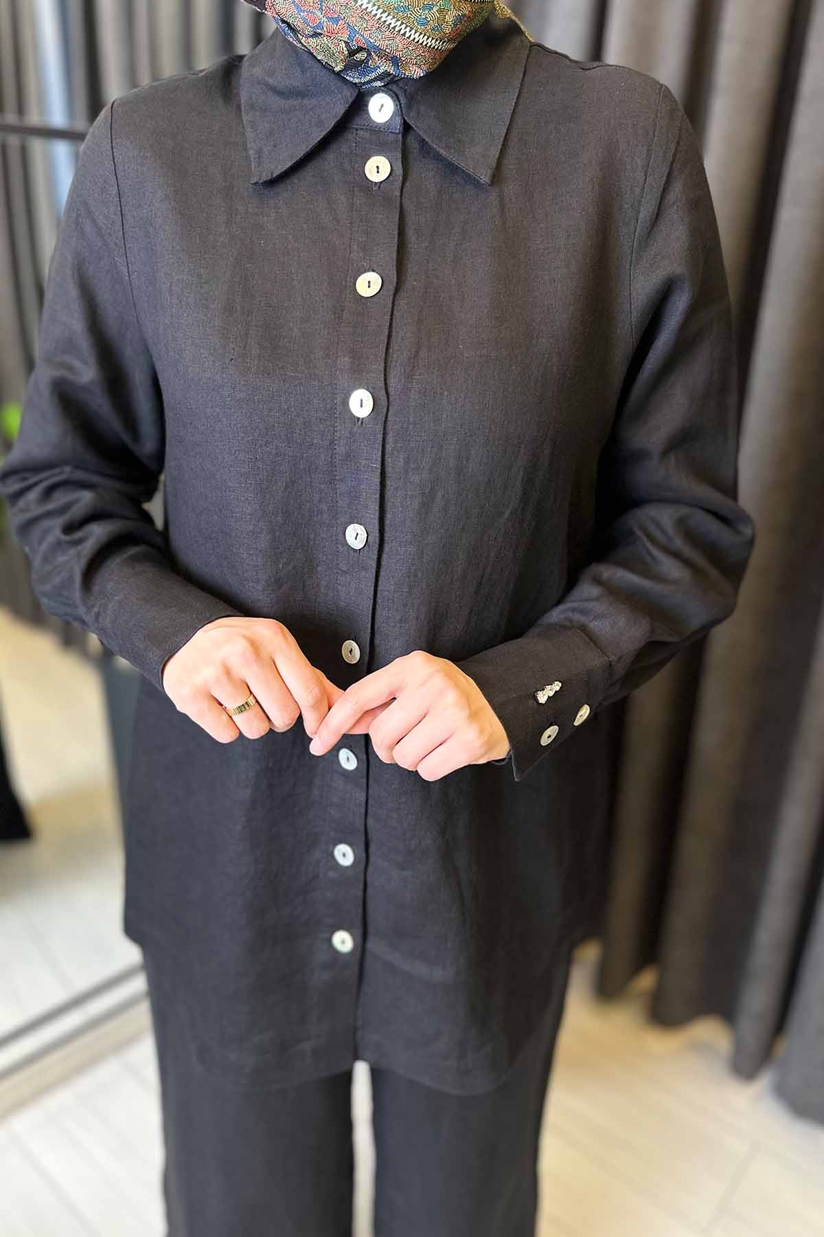 SEDEF DÜĞMELİ DÜZ RENK KETEN GÖMLEK - Black