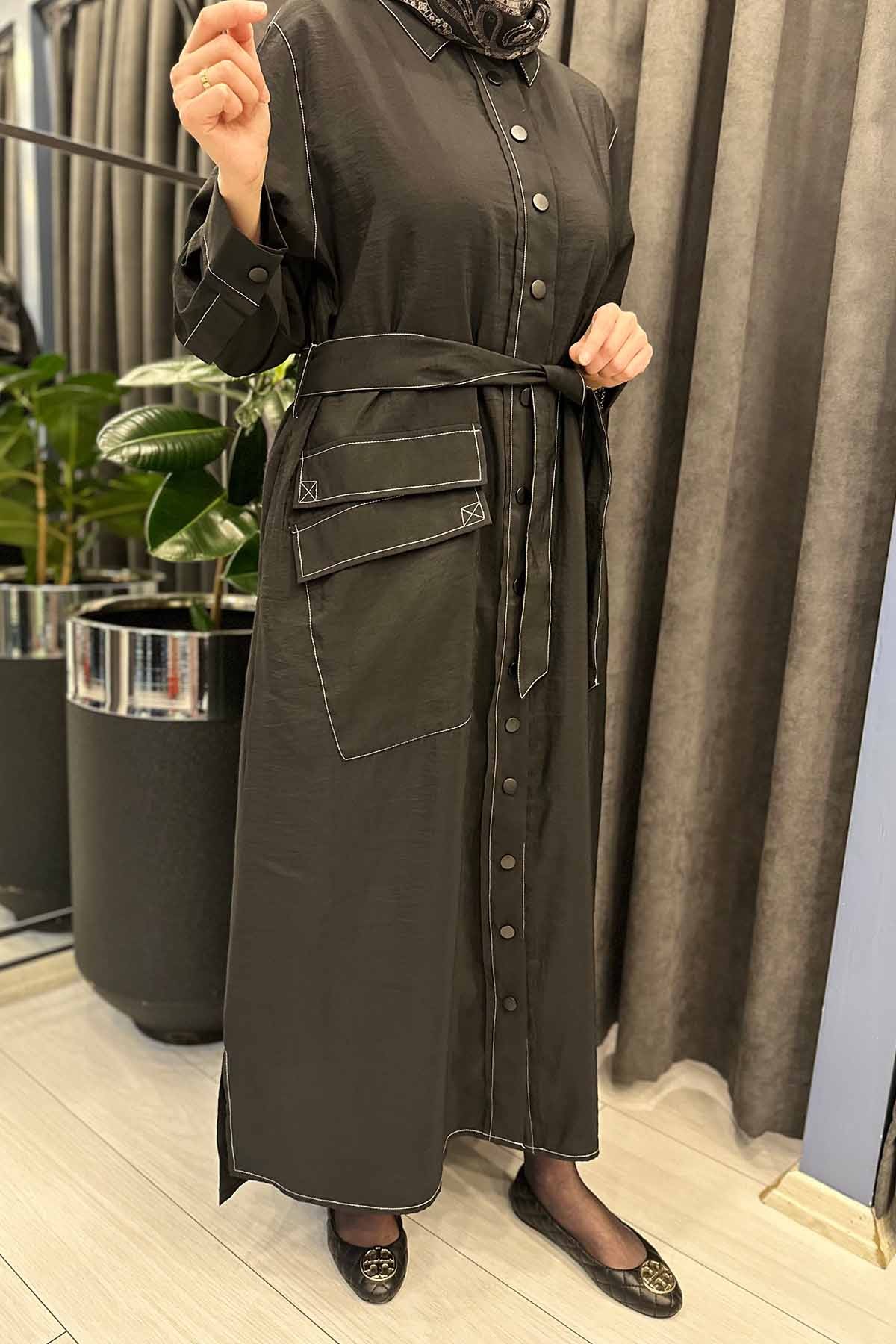 KONTRAST DİKİŞLİ ÖNÜ ÇITÇITLI TEK CEPLİ DUBAİ GÖMLEK KAP