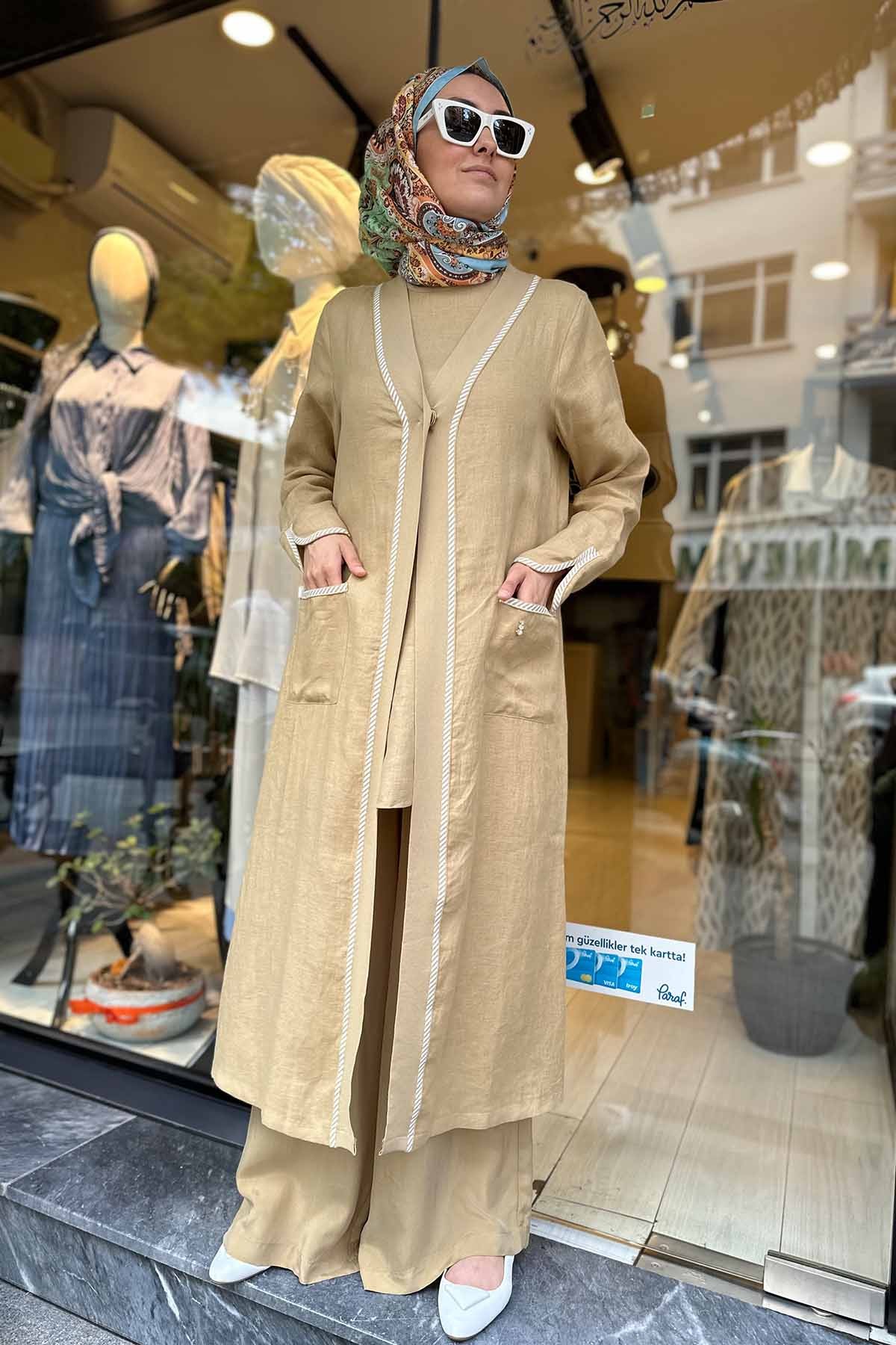ÇİZGİLİ TRİKO GARNİLİ KETEN CEKET