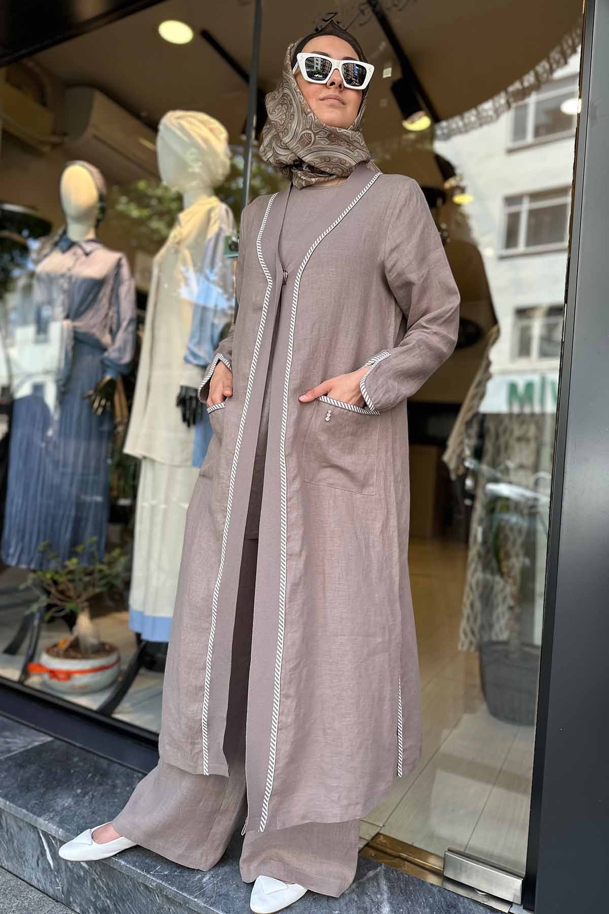 ÇİZGİLİ TRİKO GARNİLİ KETEN CEKET