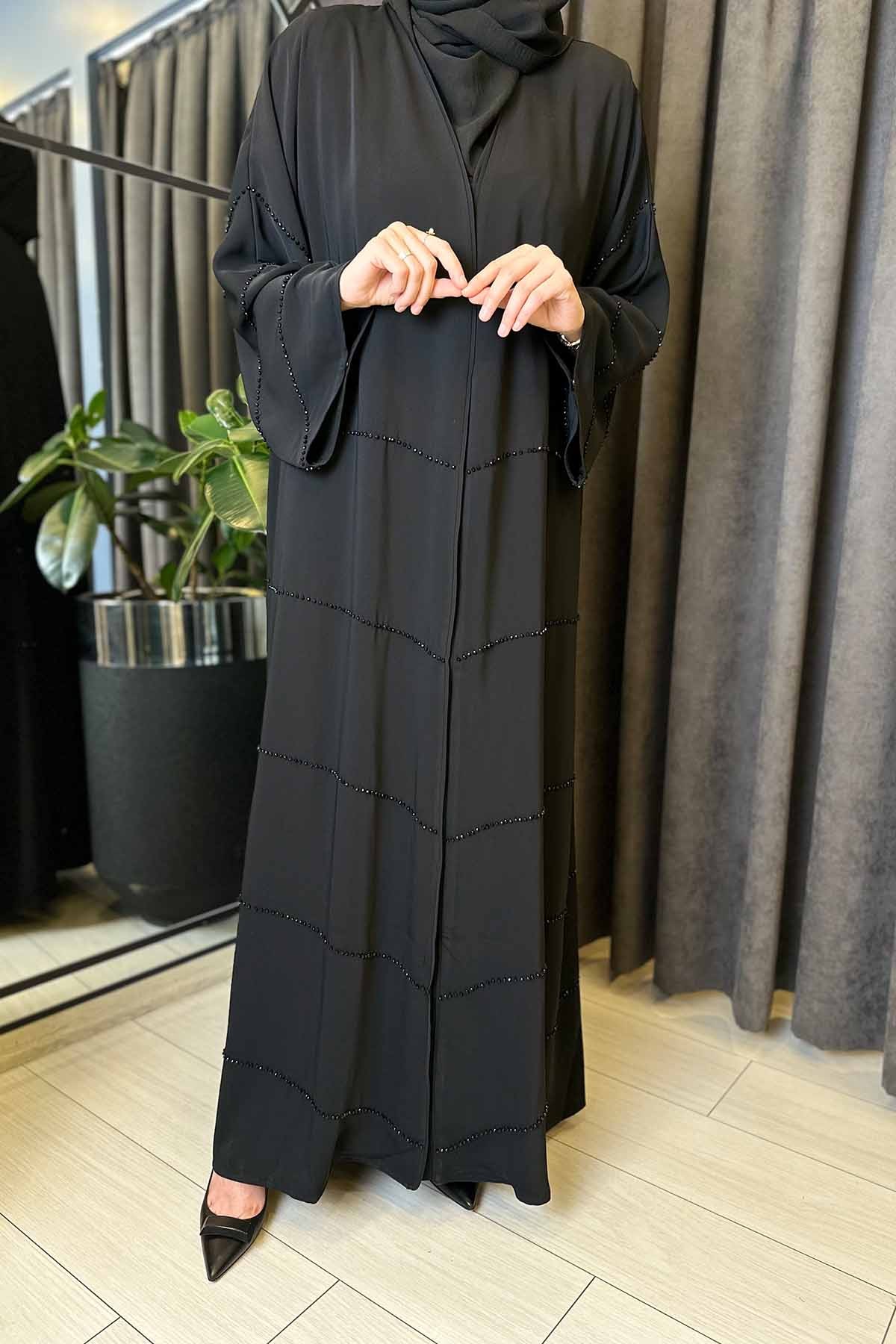 ALVA NOİR LUXE İNCE BONCUK DETAYLI ABAYA