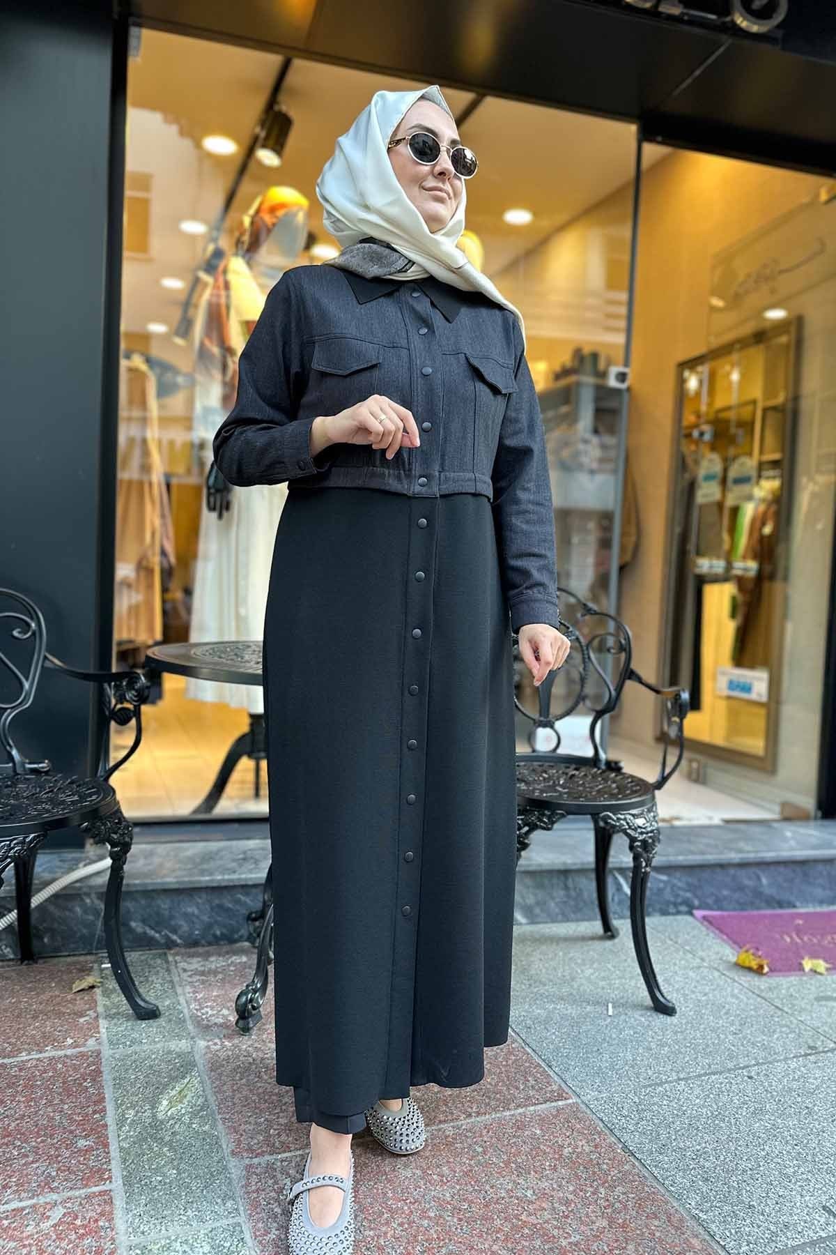GÖMLEK YAKA DENİM DETAYLI UZUN CEKET