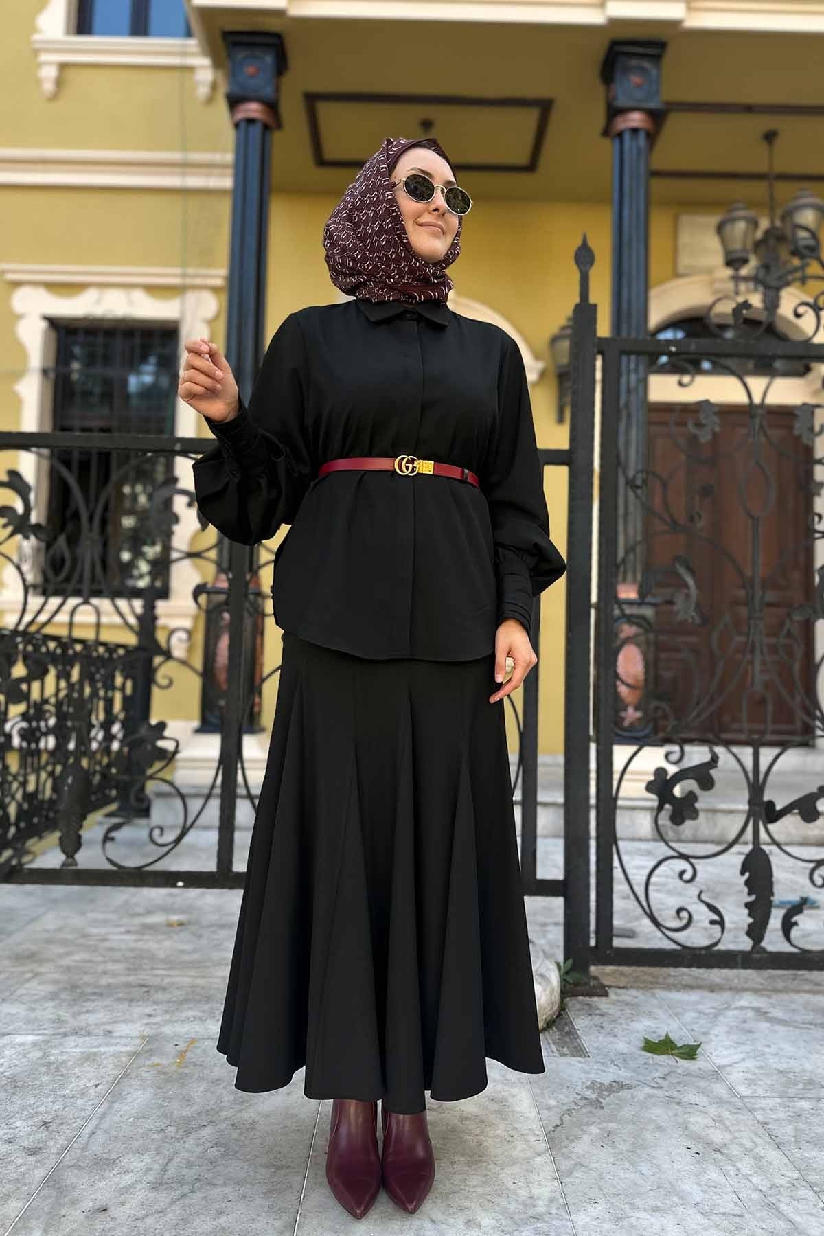 BİLEĞİ DRAPELİ GÖMLEK - Siyah