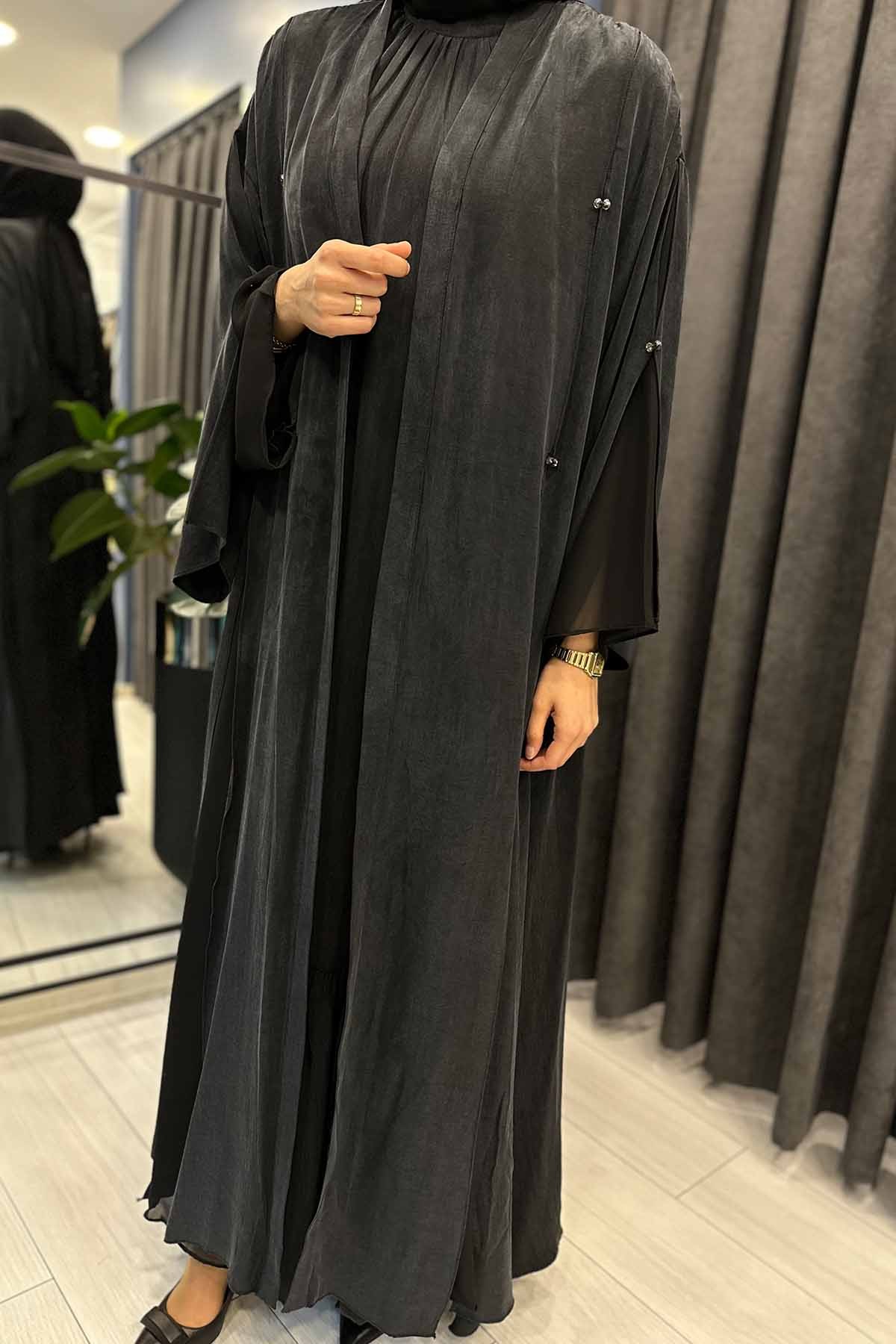 İÇİ ŞİFON GARNİLİ TAŞ İŞLEMELİ İPEK CUPRA KAFTAN