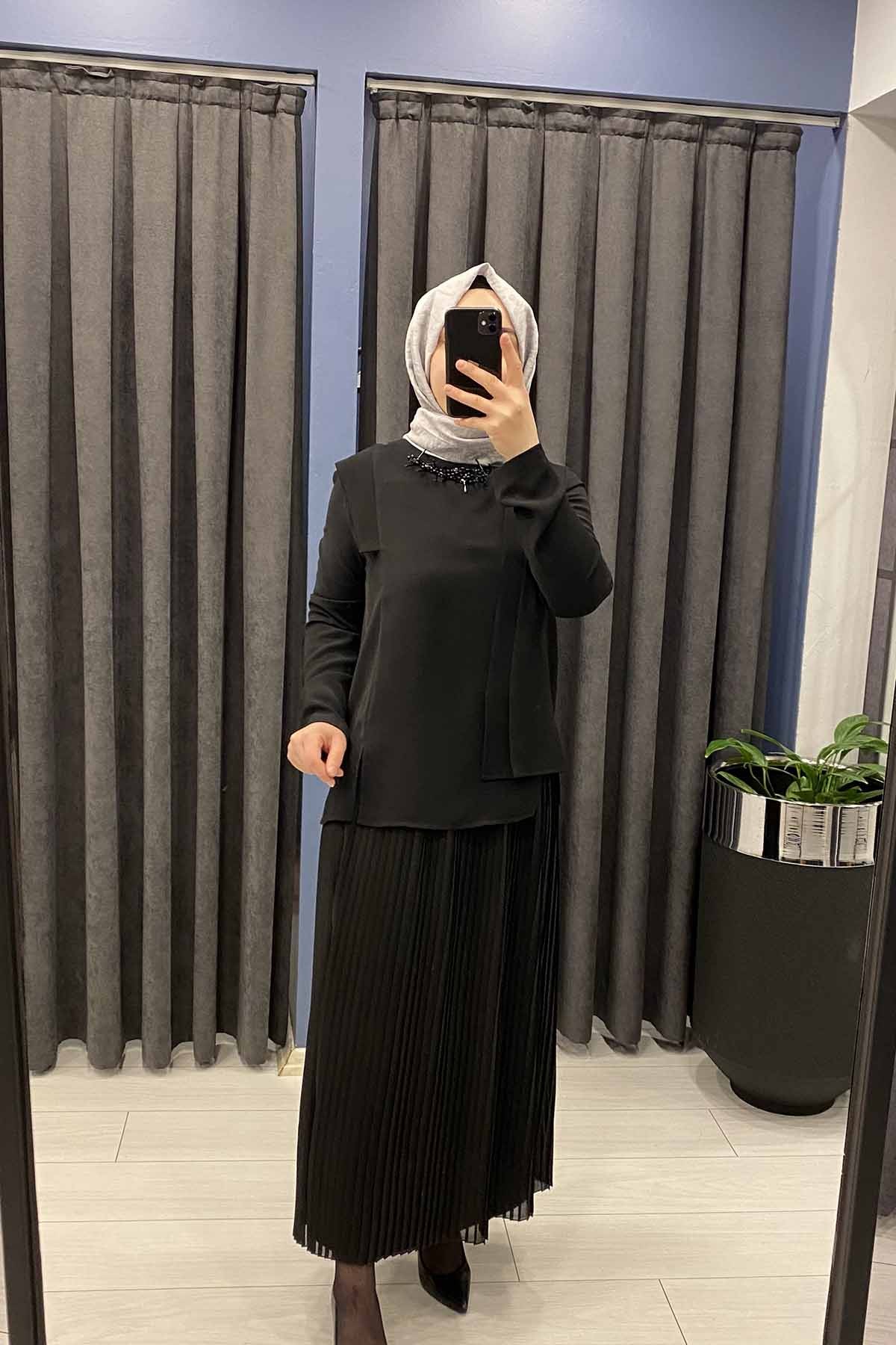 YAKA TAŞ DETAYLI ETEKLİ TAKIM