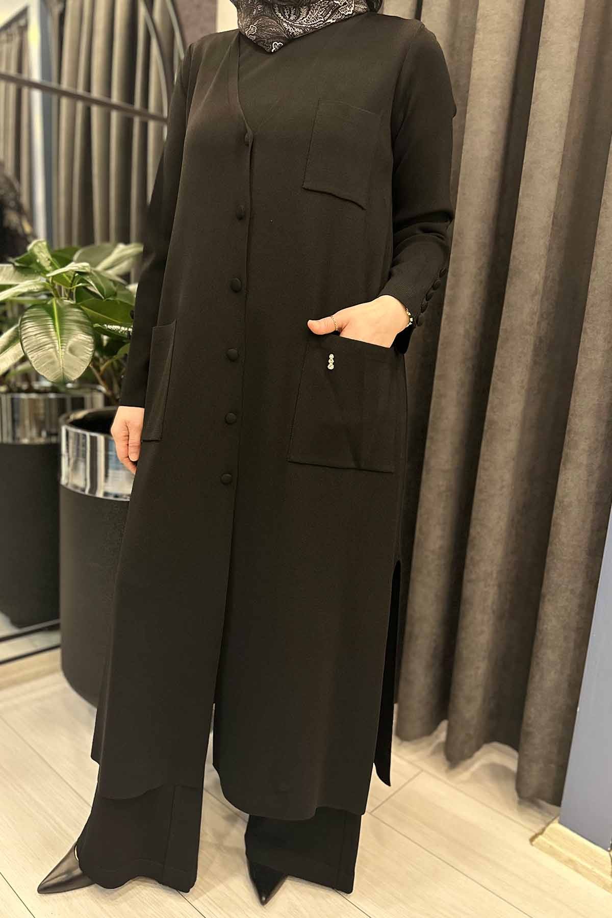 ÜÇ CEPLİ TEMİZ KESİM UZUN HIRKA - Black