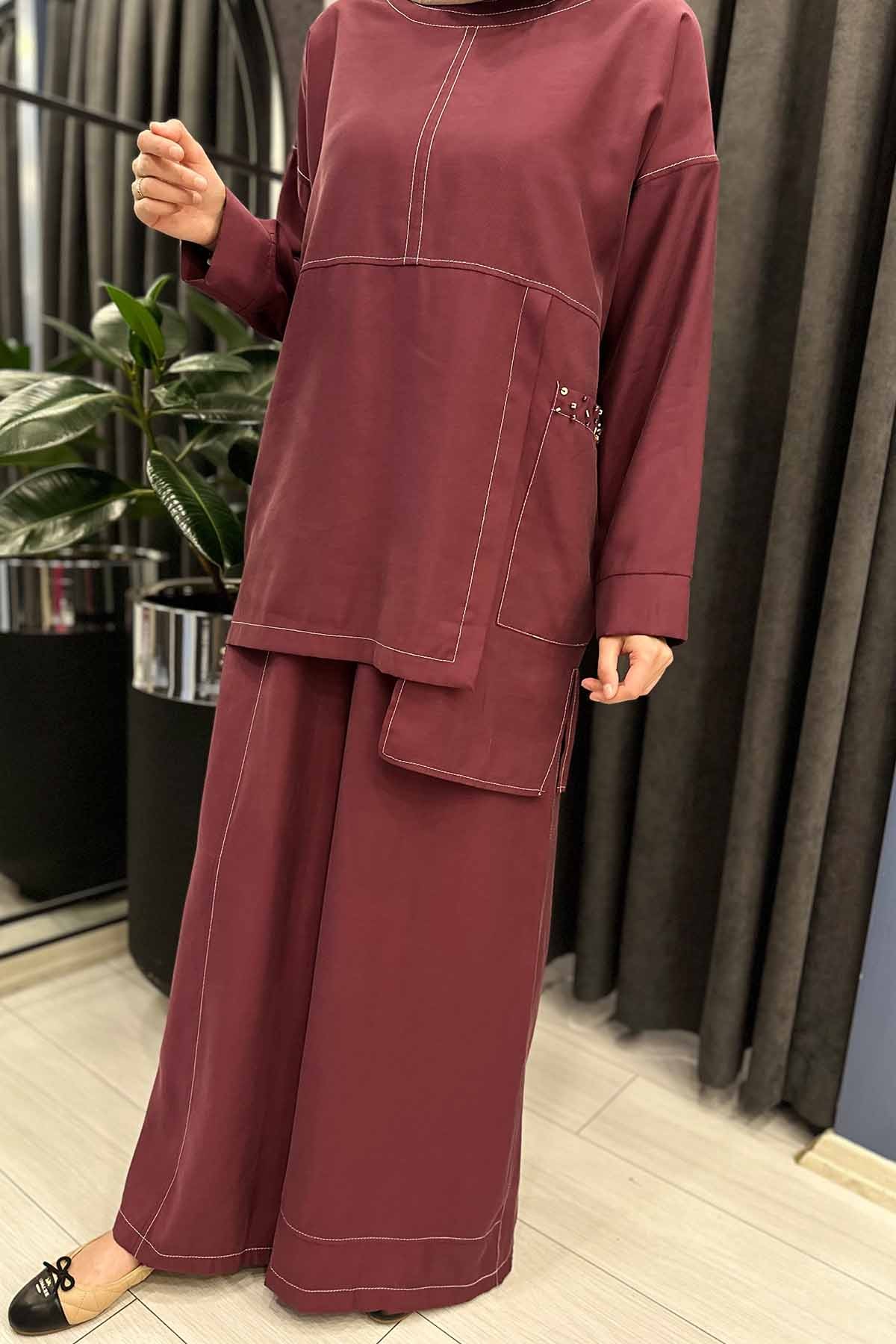 TEK CEPLİ TAŞ İŞLEMELİ PANTOLONLU TENCEL TAKIM