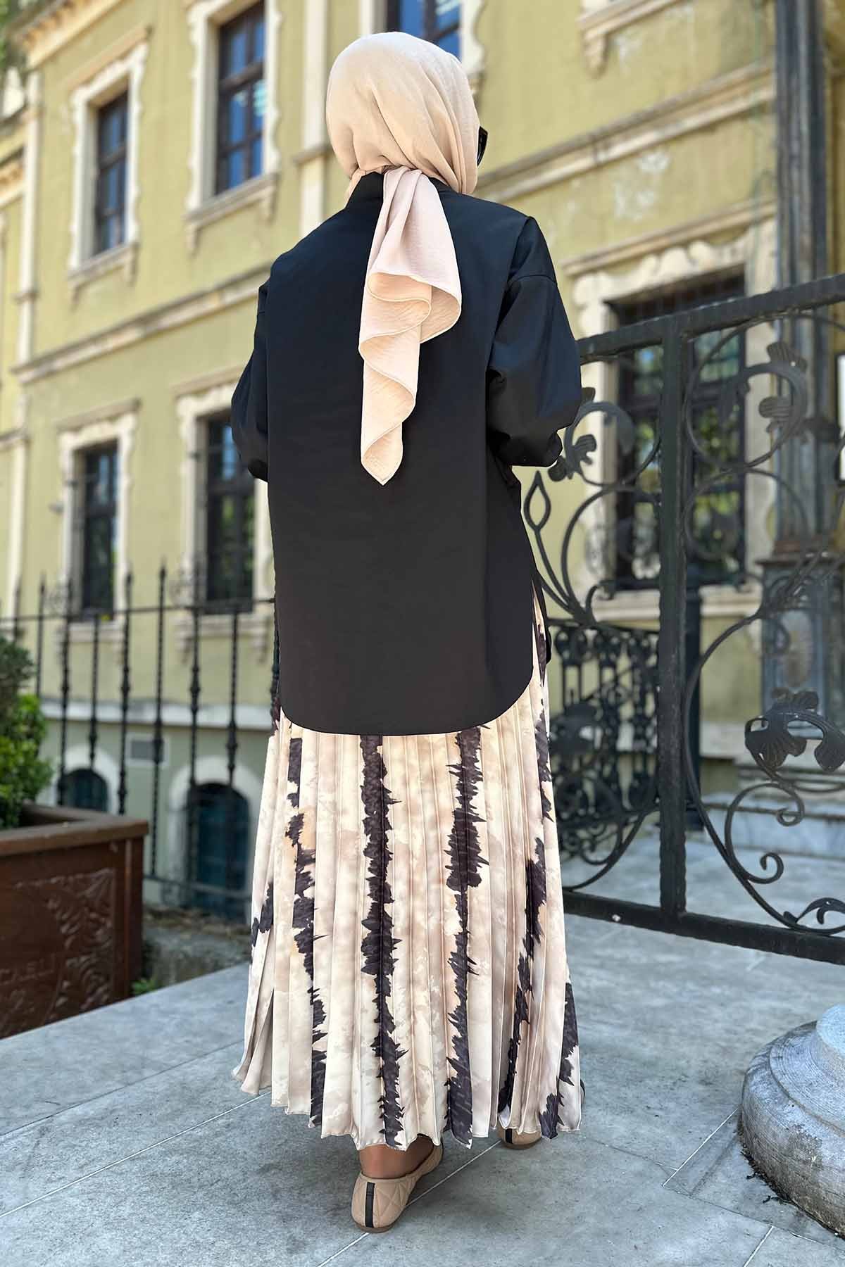 BEJ-SİYAH BASKILI PLİSOY ETEK