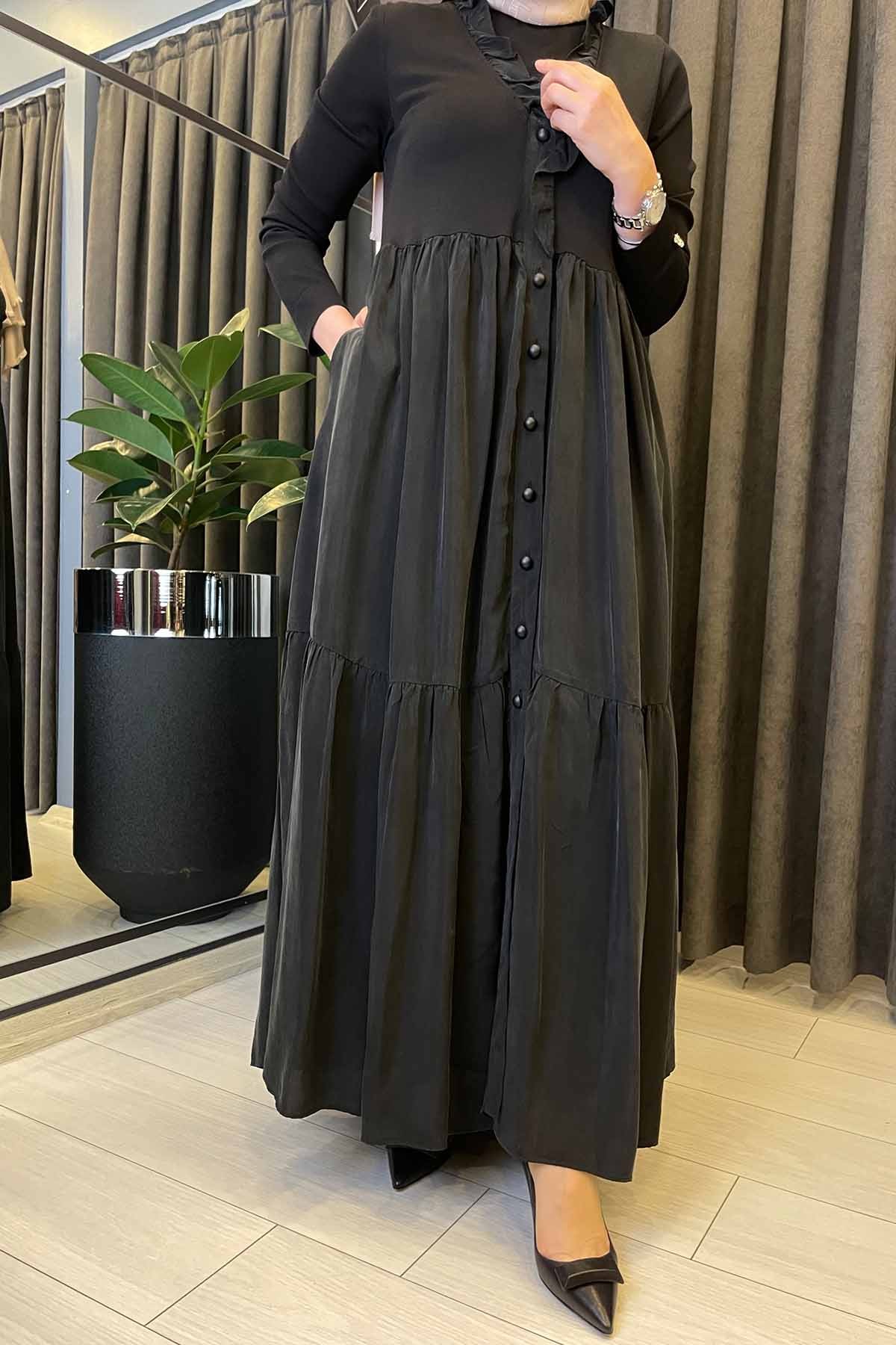 ASTARLI KUPRA TRİKO DÜĞMELİ ELBİSE