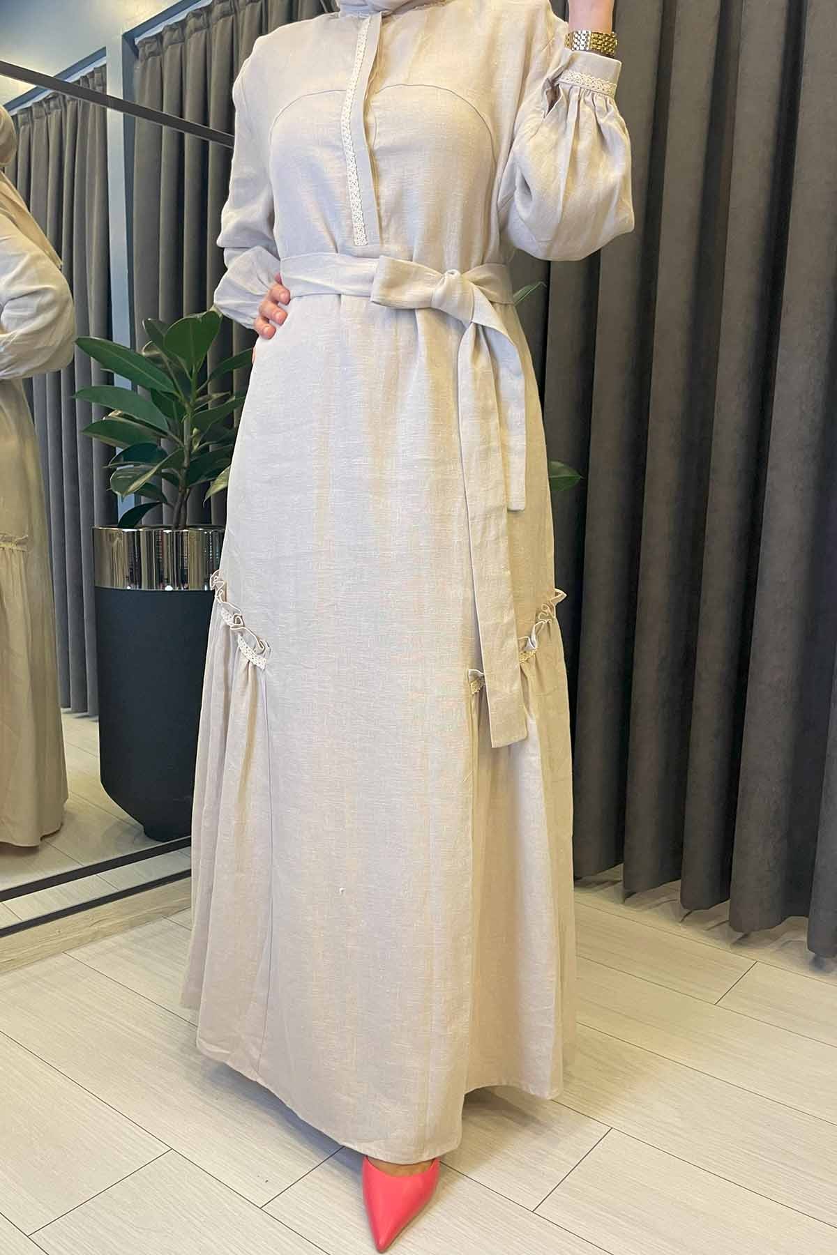 KUŞAKLI KETEN ELBİSE