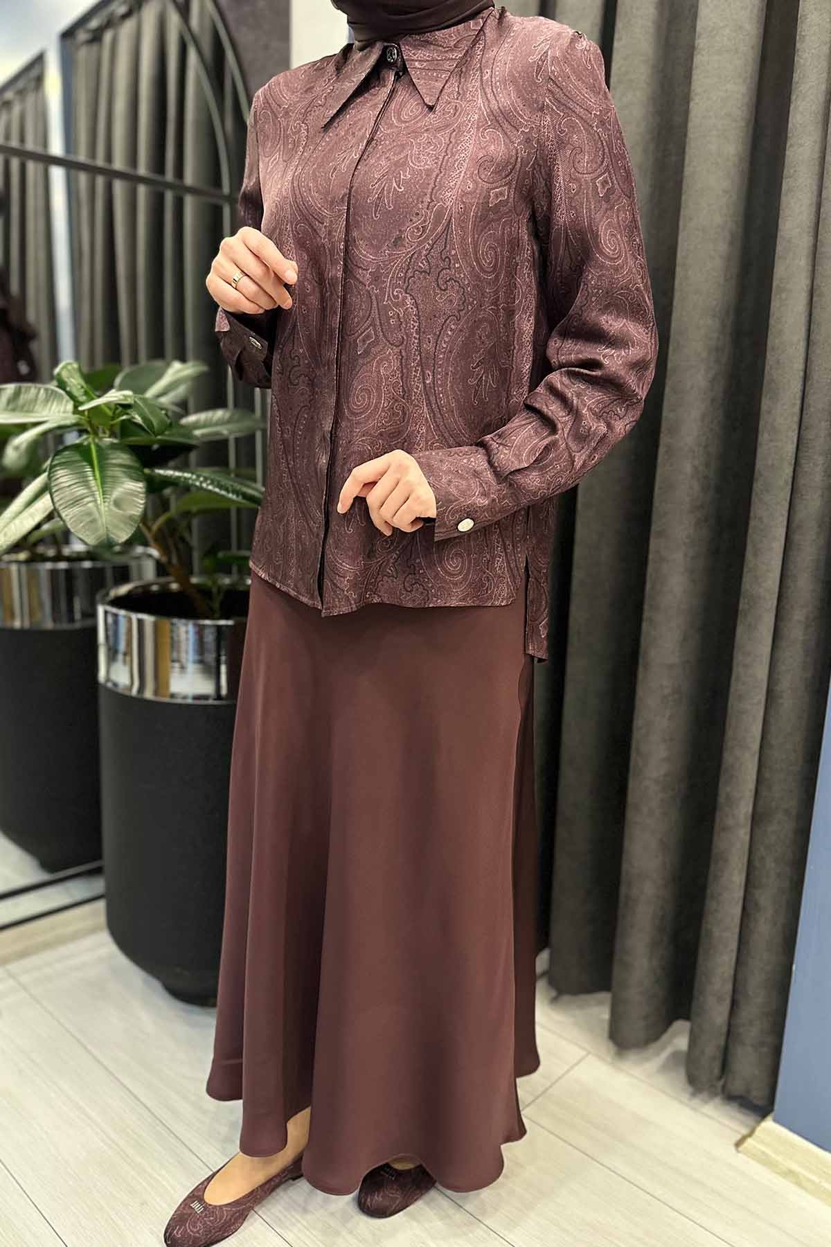 BORDO DESENLİ İPEK GÖMLEK
