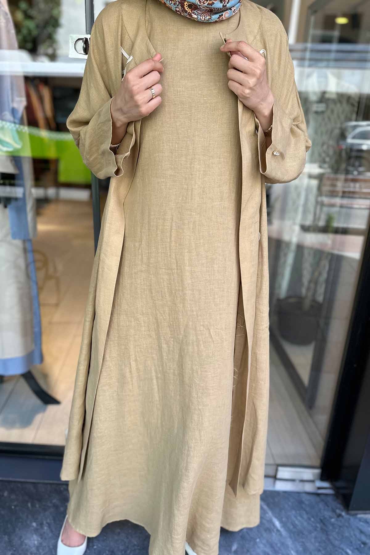 NAKIŞ DETAYLI KETEN KAFTAN