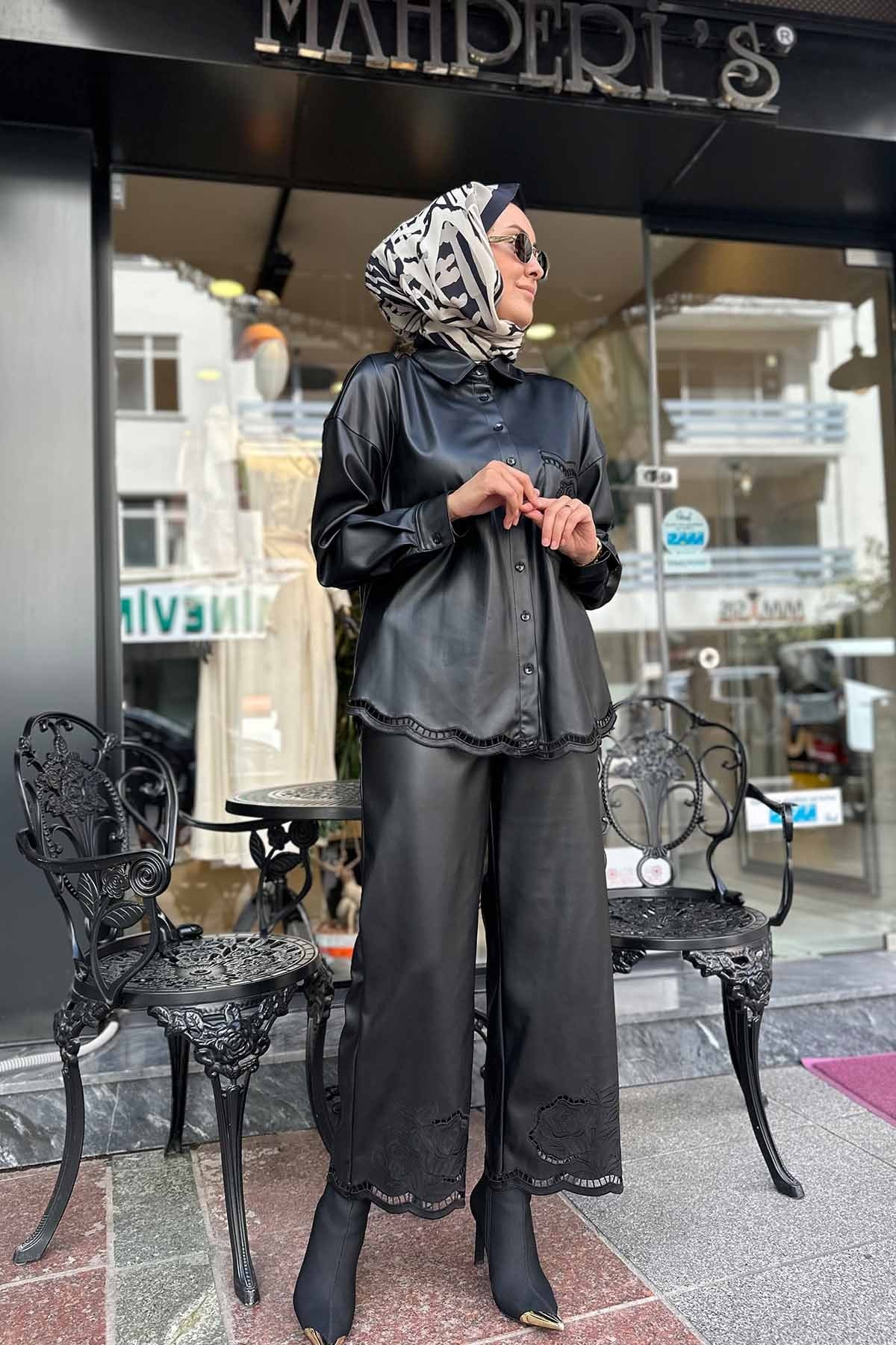 PAÇASI NAKIŞ DETAYLI DERİ PANTOLON
