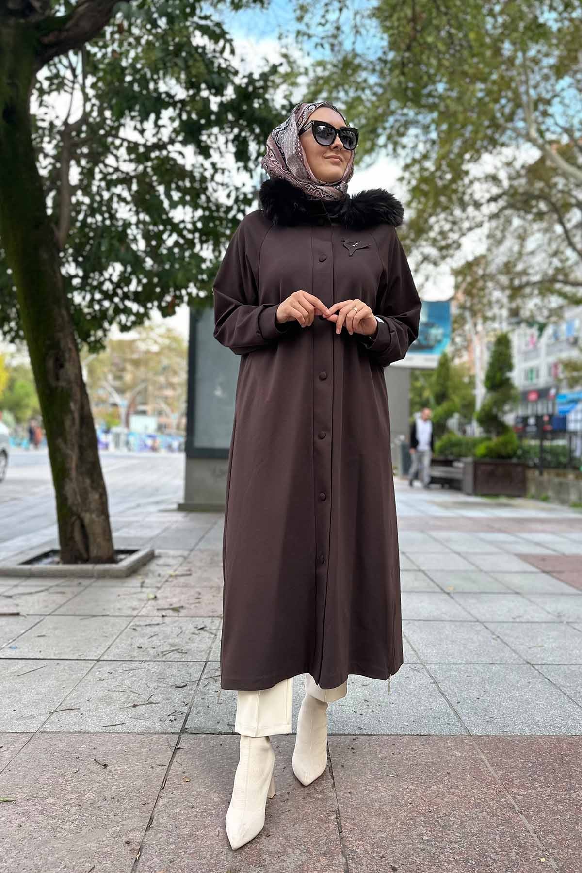 KAPŞONLU KÜRKLÜ SAFOR KAP - Kahverengi