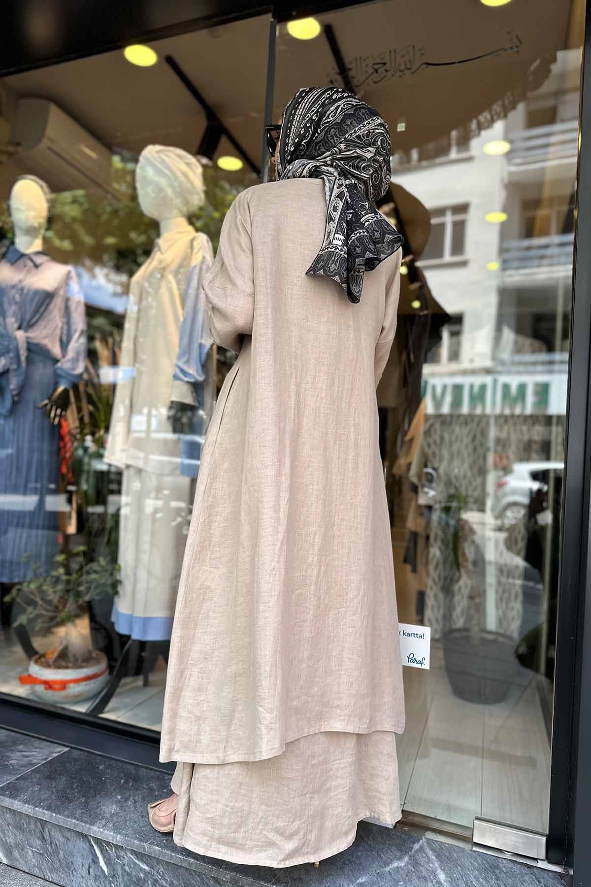 NAKIŞ DETAYLI KETEN KAFTAN
