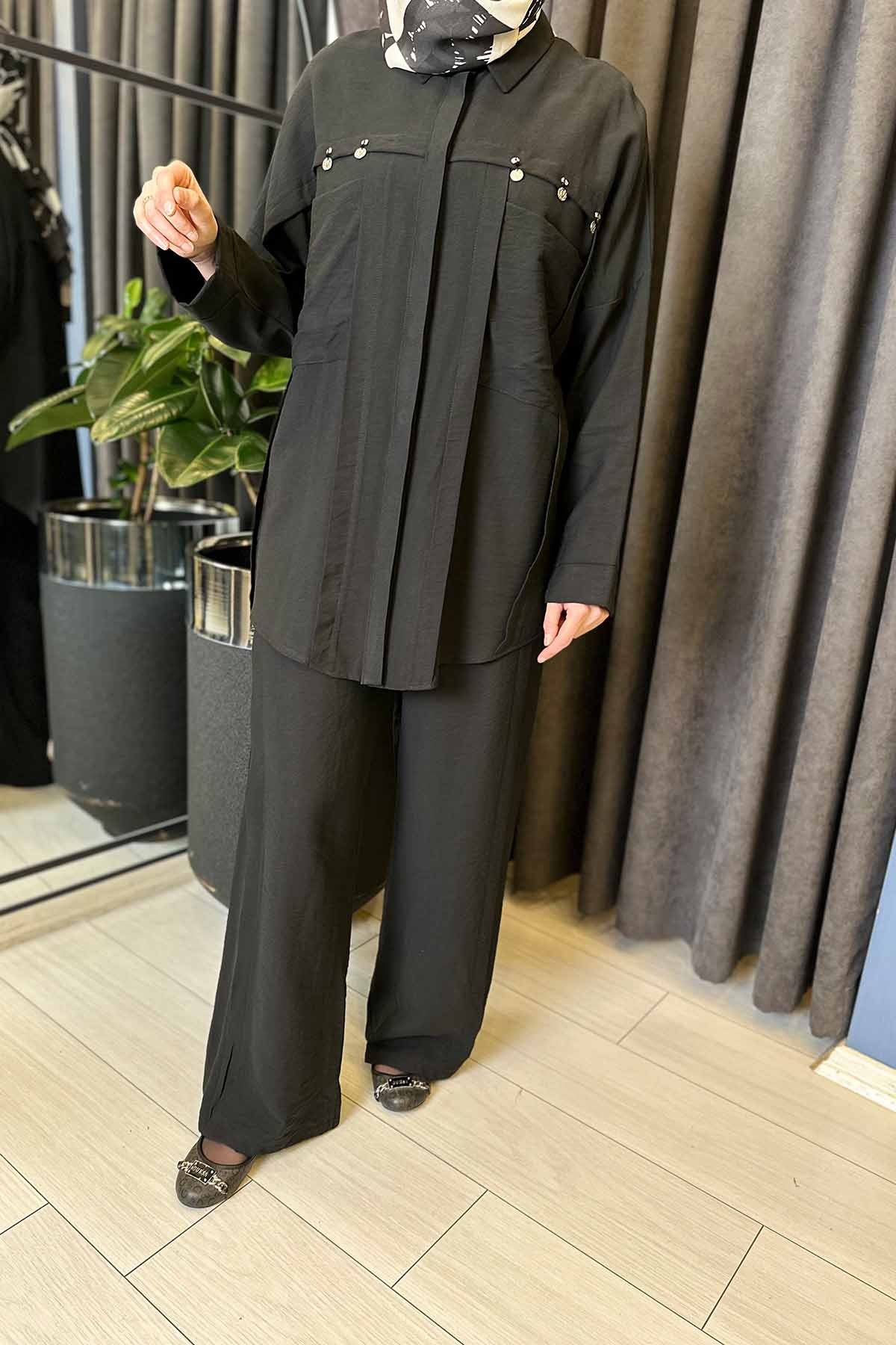 GÜMÜŞ PARA İŞLEMELİ ÜSTTEN TORBA CEPLİ PANTOLONLU PASION TAKIM