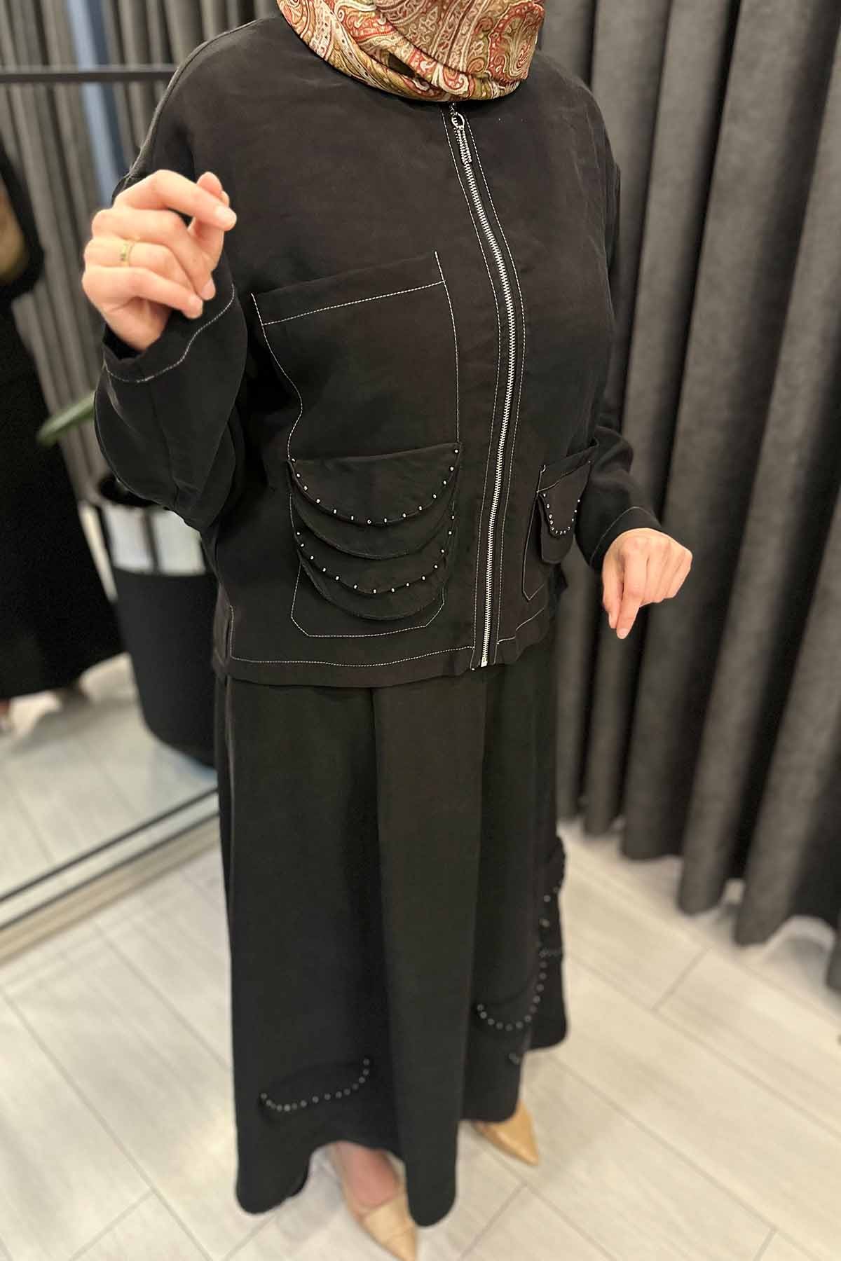 ETEĞİ VE CEKETİ BAKIR KUM BONCUK DETAYLI PASION ETEKLİ TAKIM