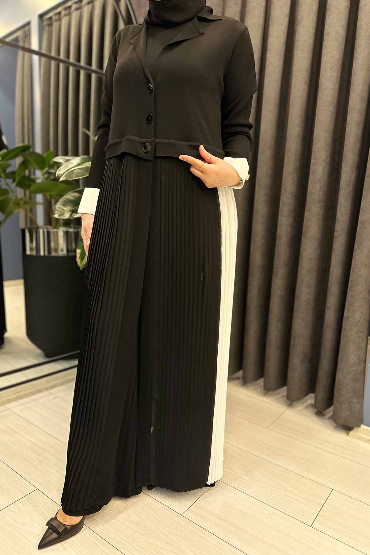 PLİSE DETAYLI GÖMLEK YAKA UZUN HIRKA