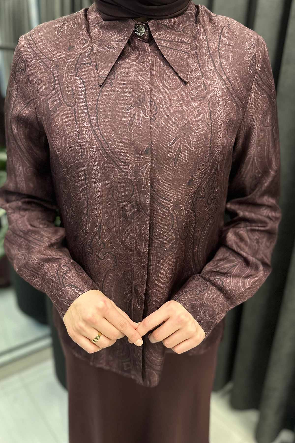 BORDO DESENLİ İPEK GÖMLEK