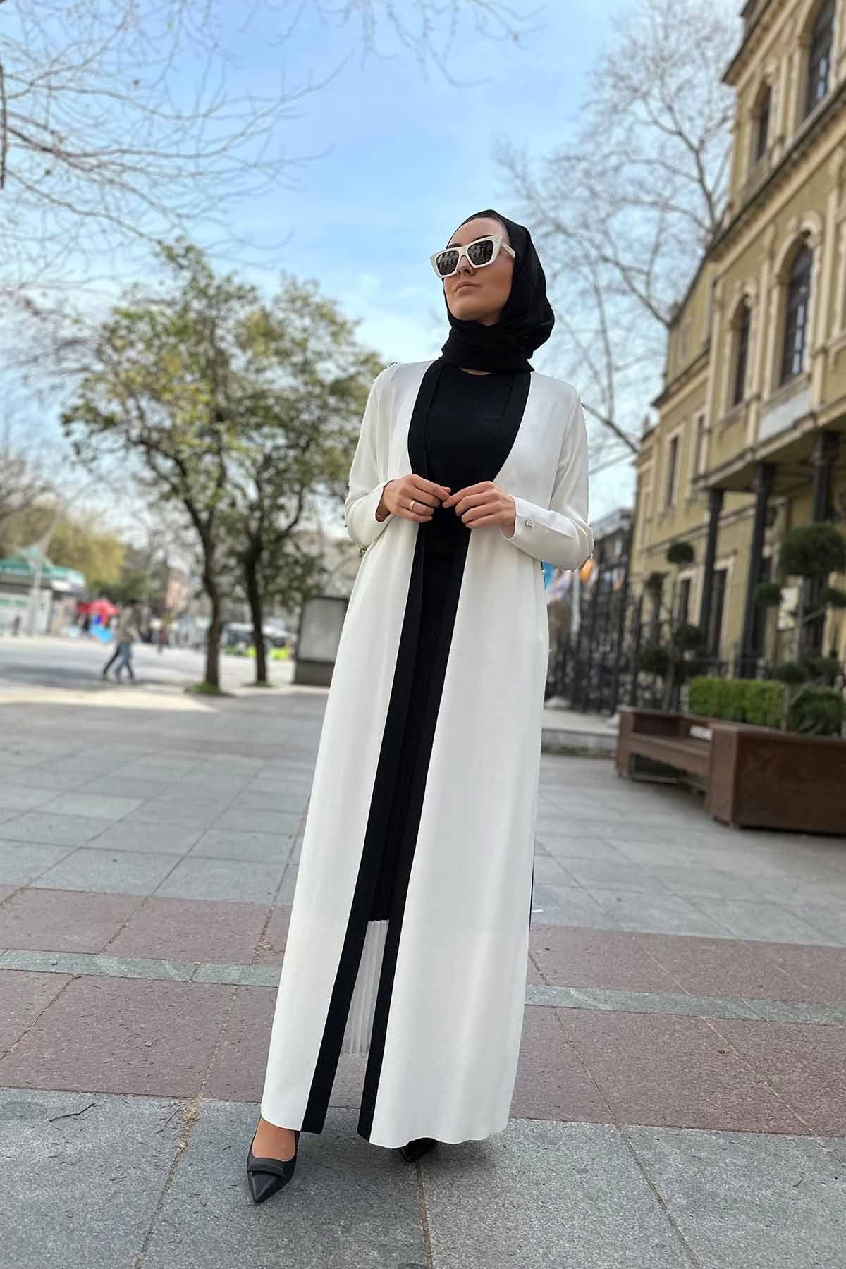 ARKASI ŞİFON PLİSE TRİKO UZUN HIRKA
