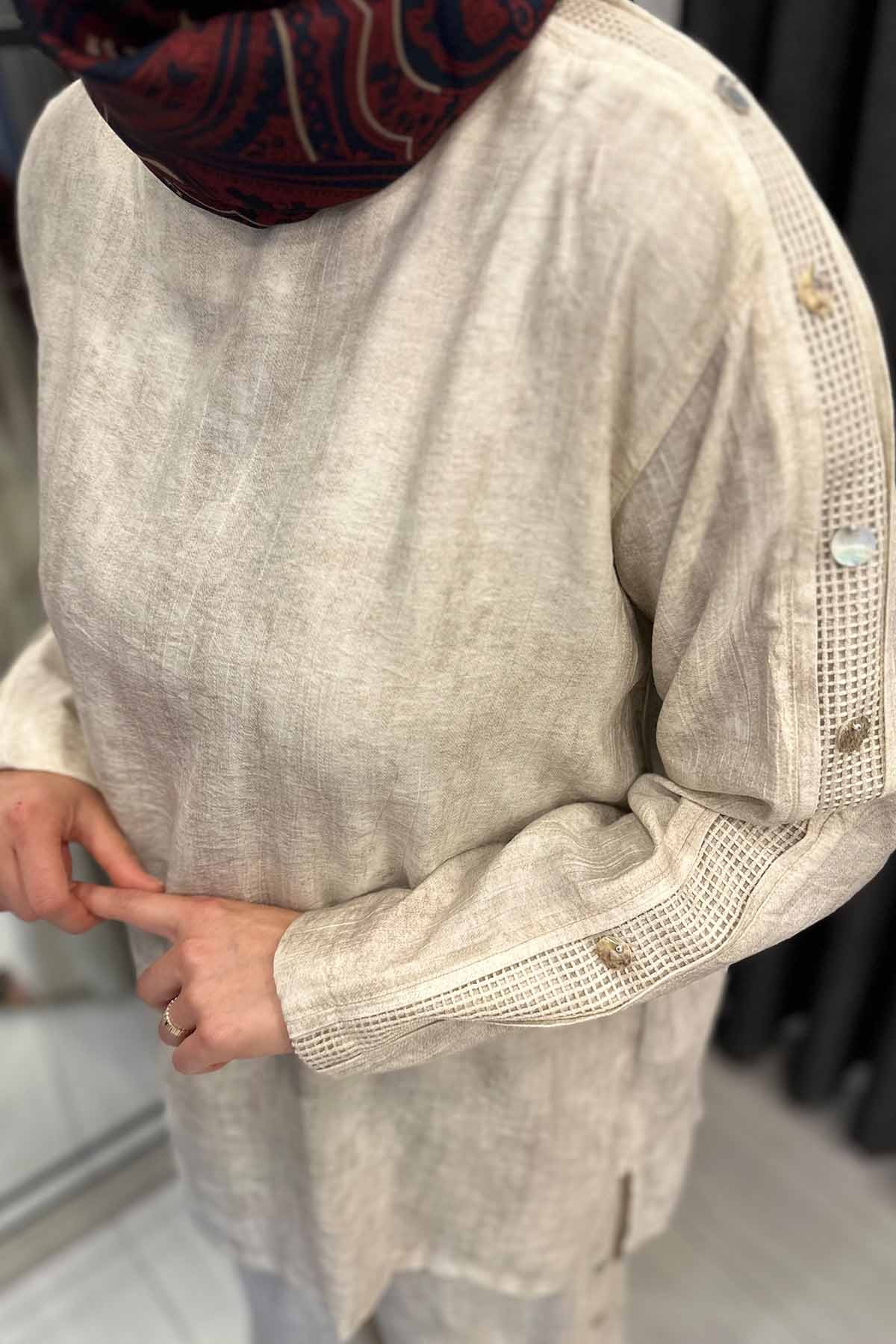 YANLARI FİLE VE DÜĞME DETAYLI TENCEL PANTOLONLU TAKIM