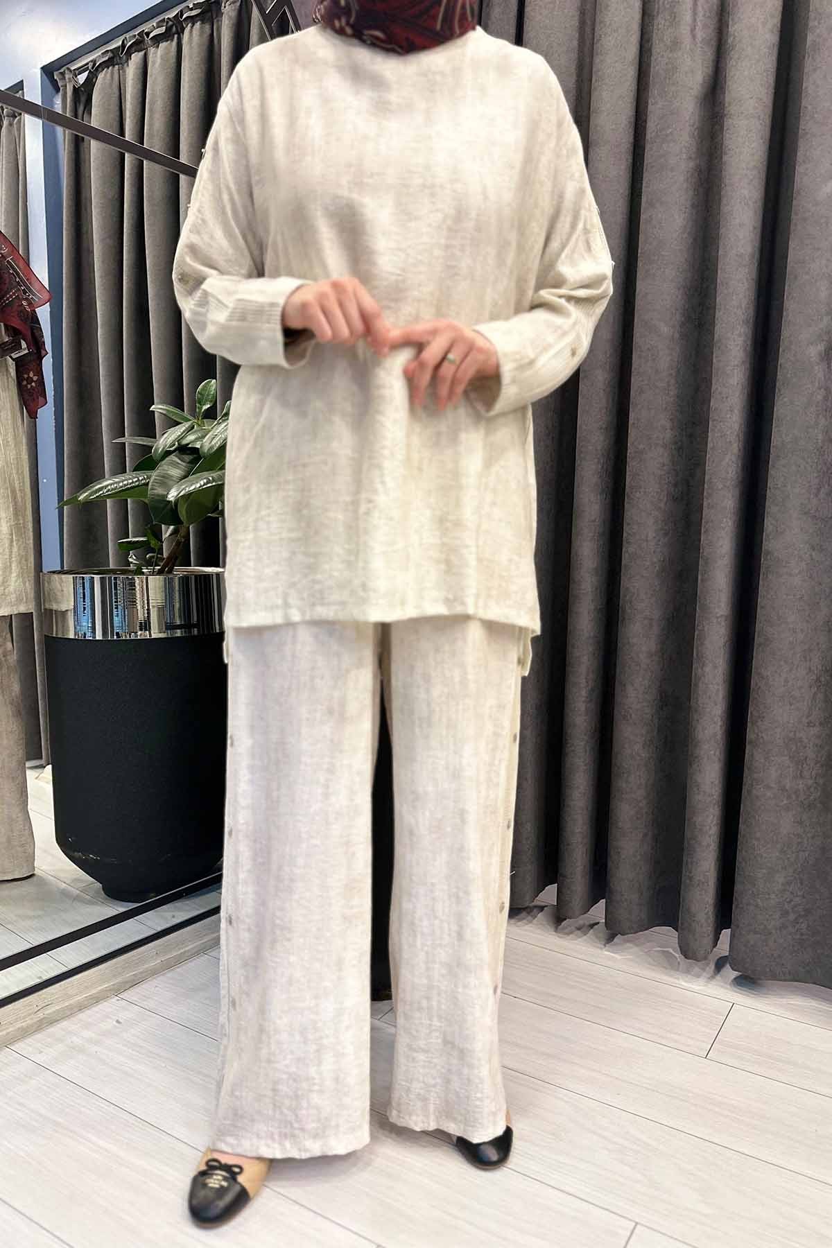 YANLARI FİLE VE DÜĞME DETAYLI TENCEL PANTOLONLU TAKIM