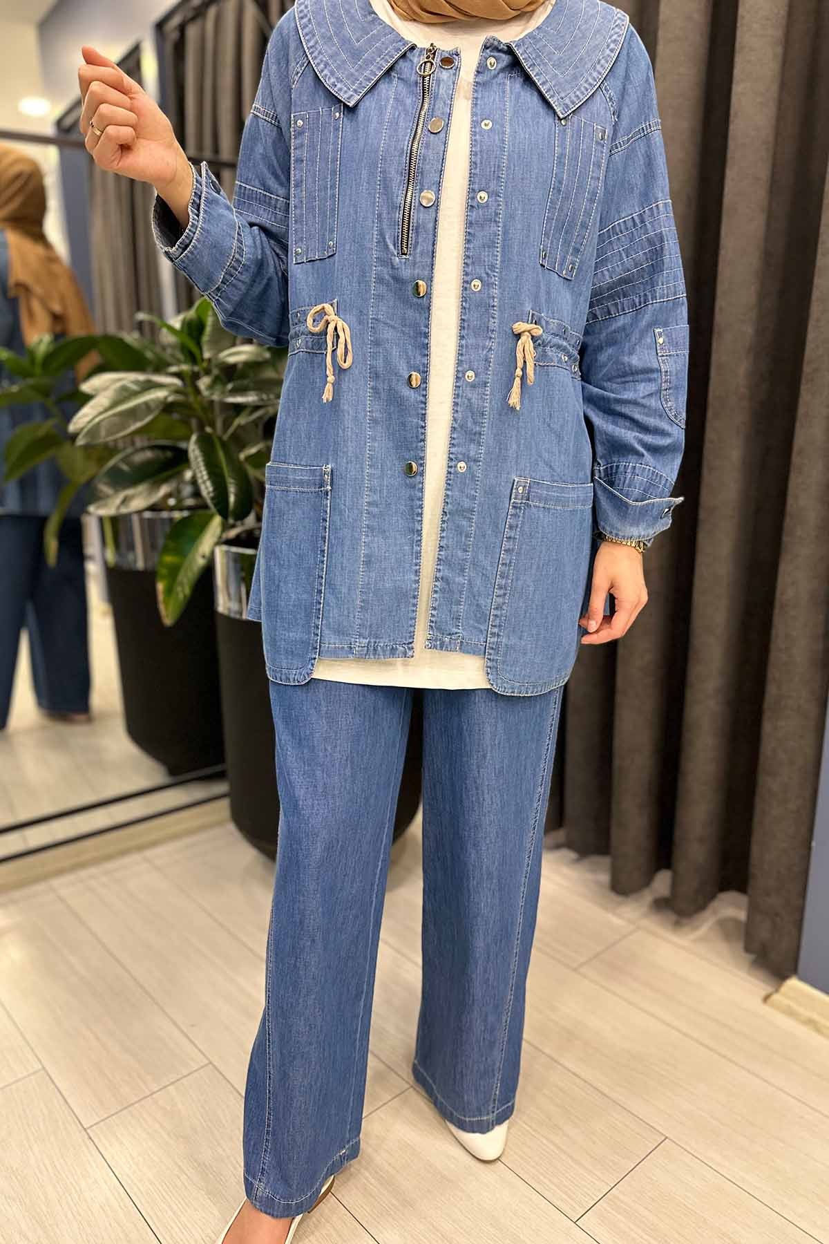 PATLETİ DİKİŞLİ DENİM PANTOLON