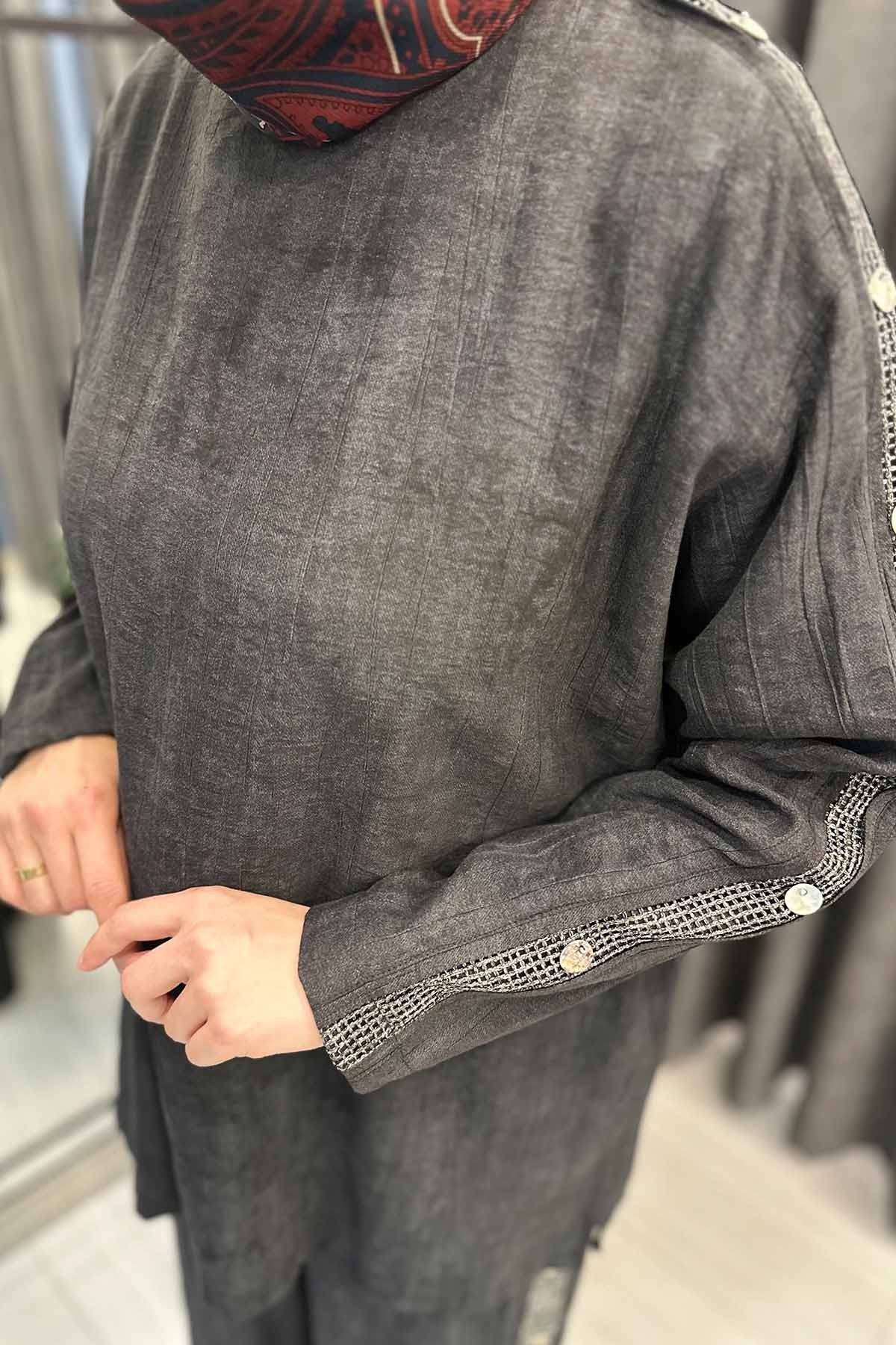 YANLARI FİLE VE DÜĞME DETAYLI TENCEL PANTOLONLU TAKIM