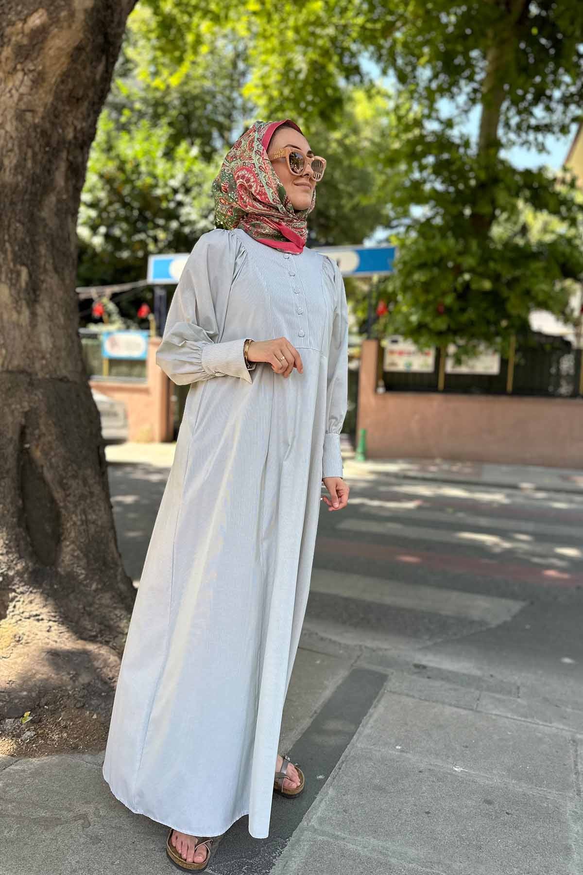BELİ KENDİNDEN KUŞAKLI POPLİN ELBİSE