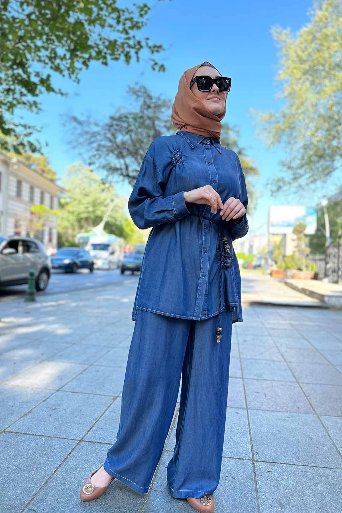 TUNİĞİ BÜZGÜ TAŞ İŞLEMELİ PANTOLONLU İSPANTOL TENCEL TAKIM