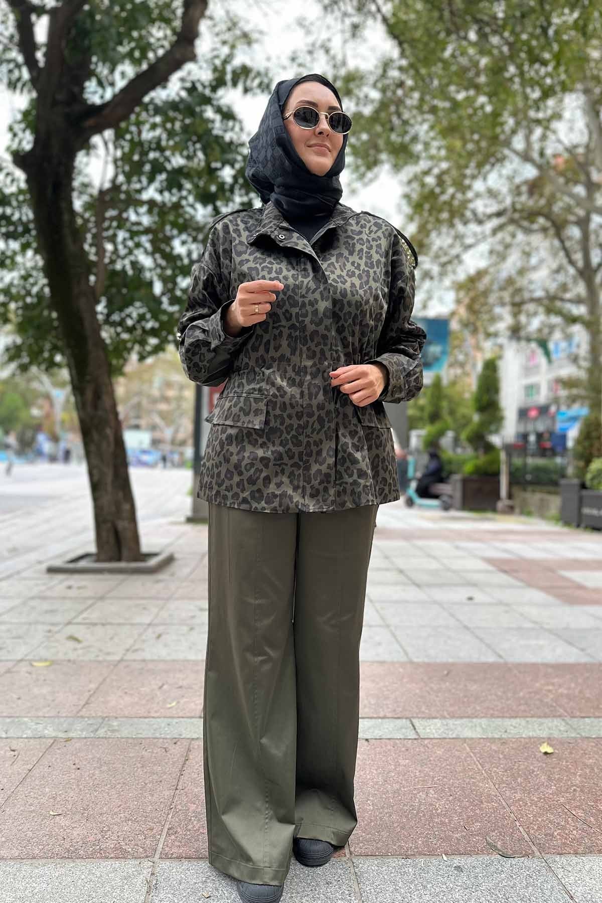 PARAŞÜT KUMAŞ LEOPAR DESEN GARNİLİ BOMBER CEKET