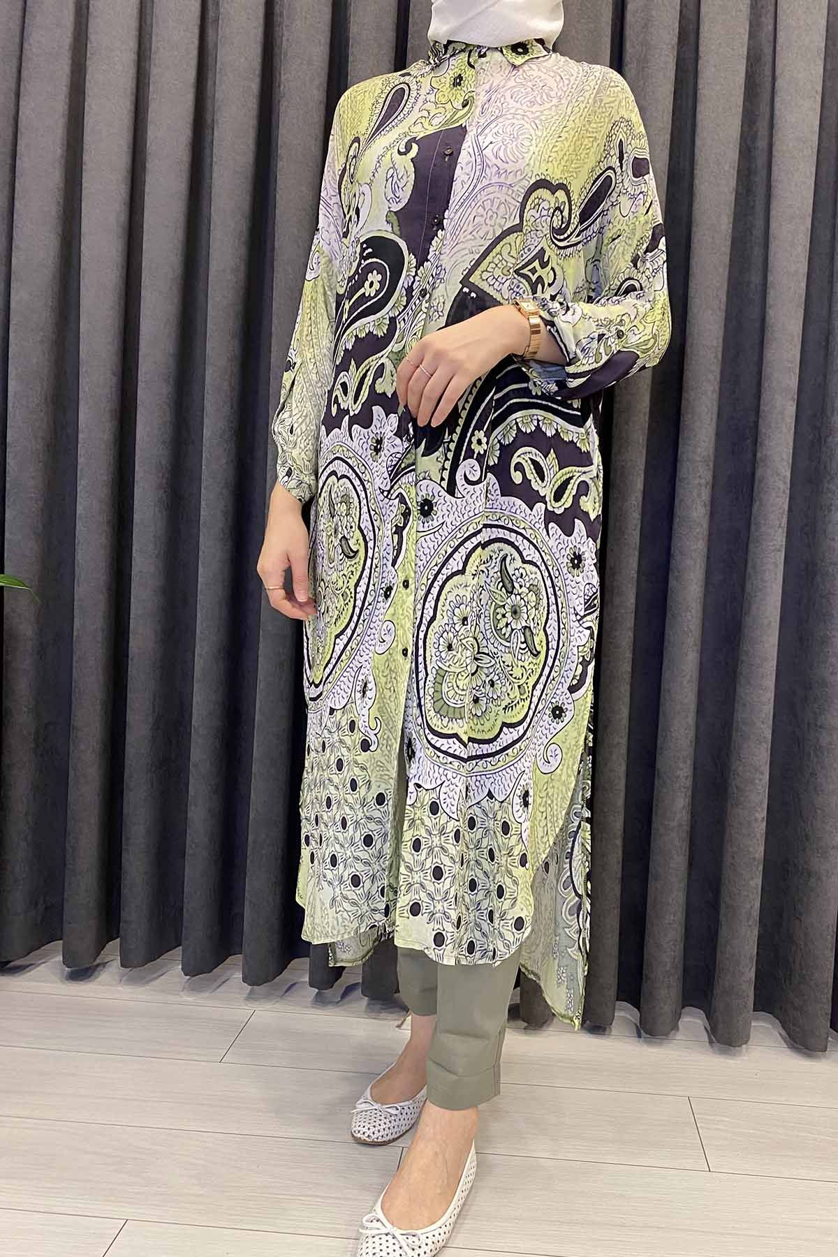 FLOŞ BASKILI GÖMLEK ELBİSE