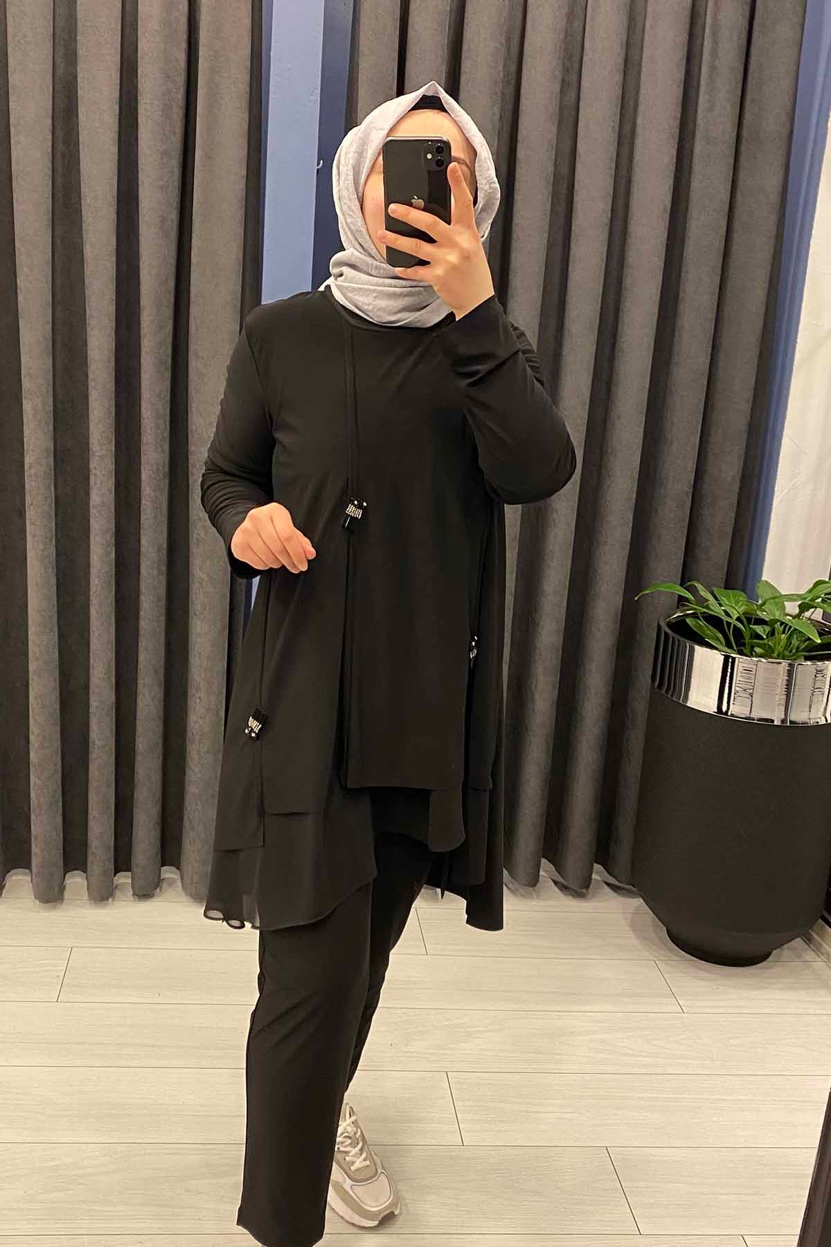 ÖNÜ NERVÜL VE TAŞ AKSESUARLI ŞİFON DETAYLI SANDY PANTOLON TAKIM