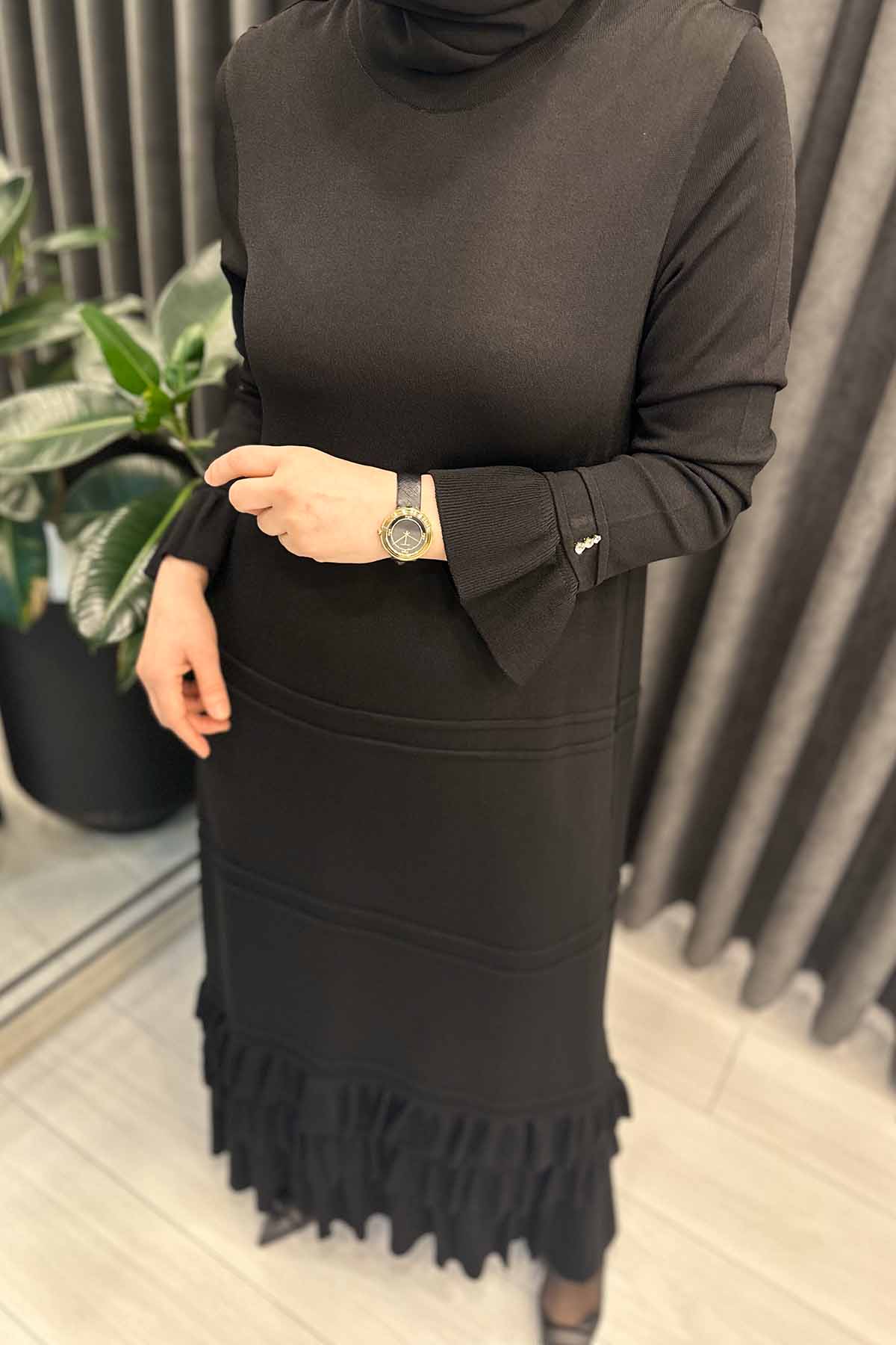 ETEK UCU VE BİLEĞİ FIRFIRLI TRİKO ELBİSE