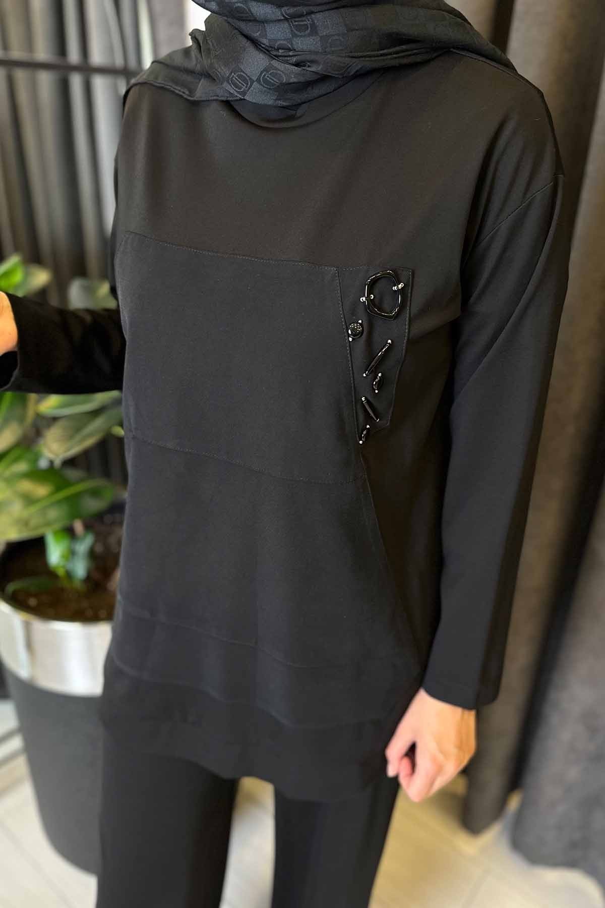 SOL GÖĞÜSÜ İŞLEMELİ PANTOLONLU BAMBU TAKIM