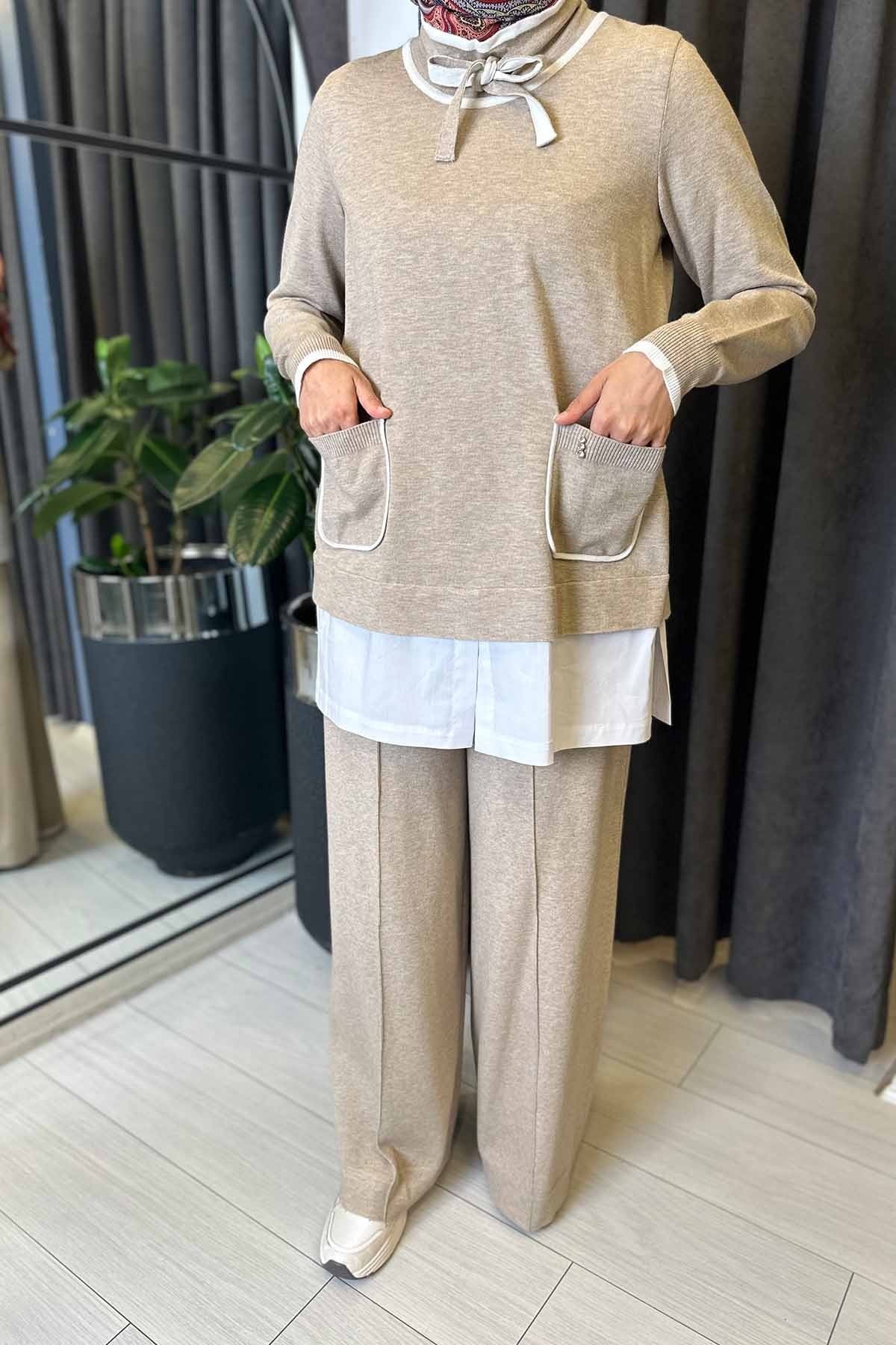 YAKASI BÜZGÜLÜ CEPLİ TRİKO TUNİK