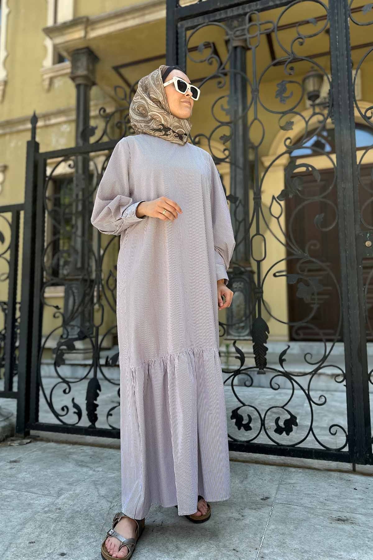 ETEK UCU BÜZGÜLÜ POPLİN ELBİSE