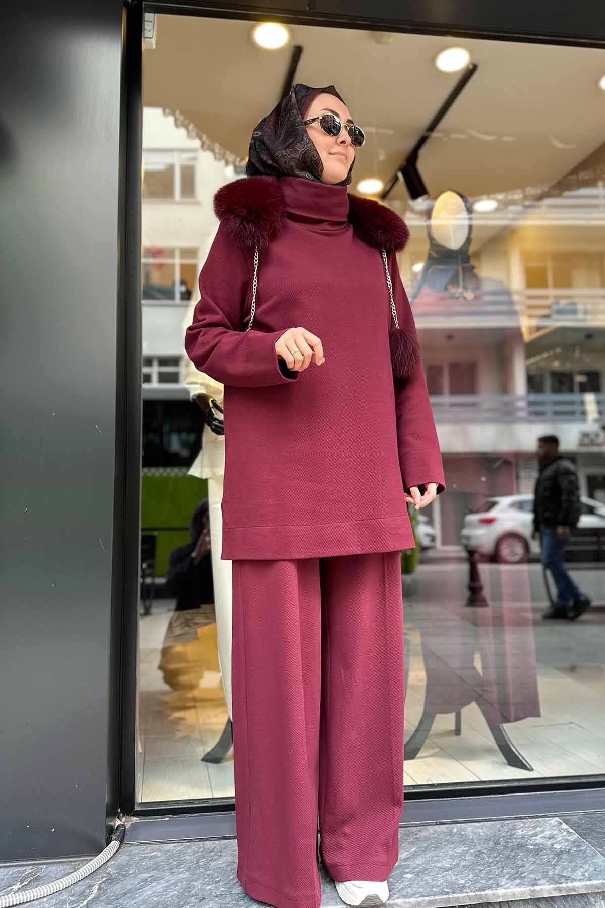 KÜRK AKSESUARLI VİANA TAKIM - Bordo