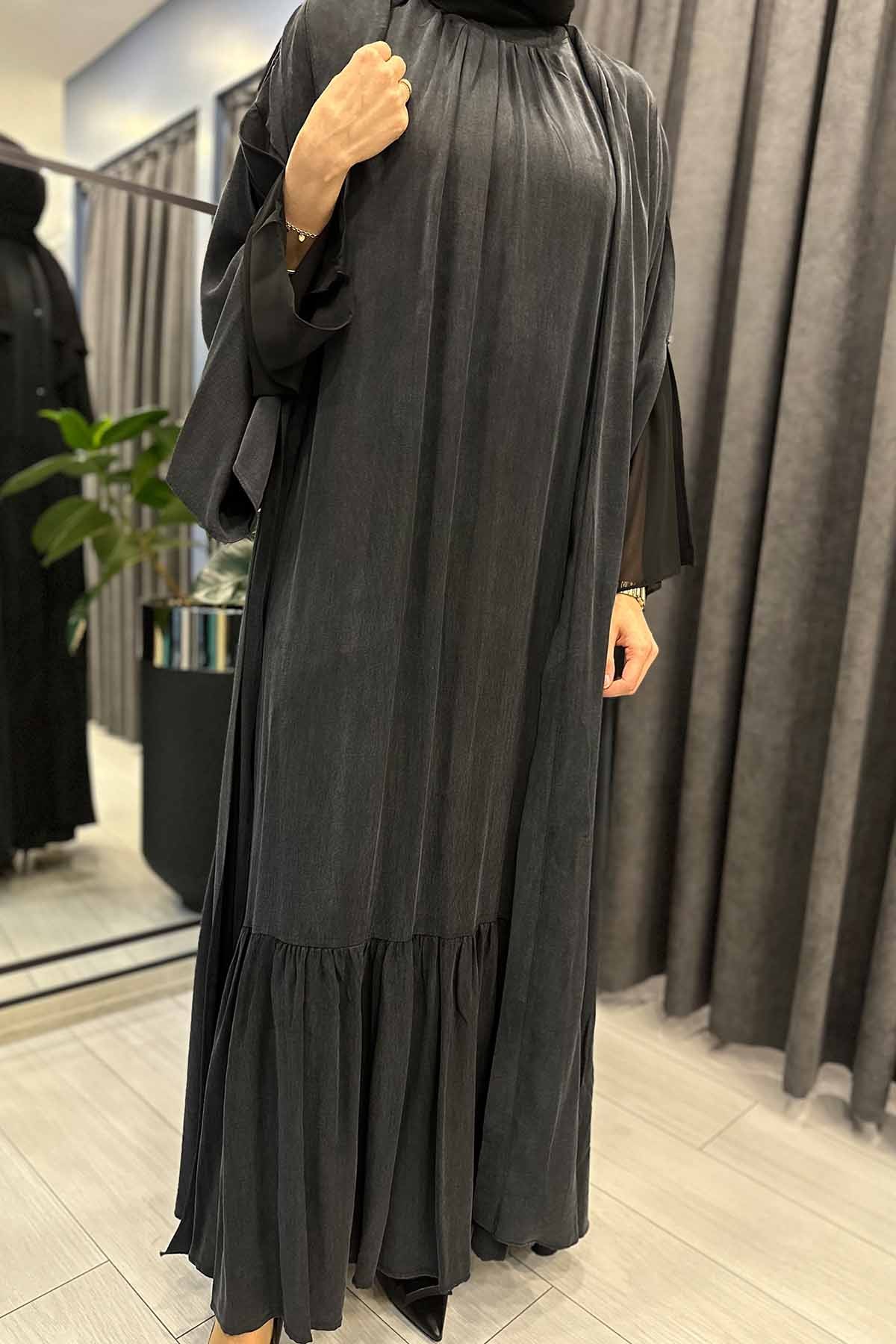 İÇİ ŞİFON GARNİLİ TAŞ İŞLEMELİ İPEK CUPRA KAFTAN