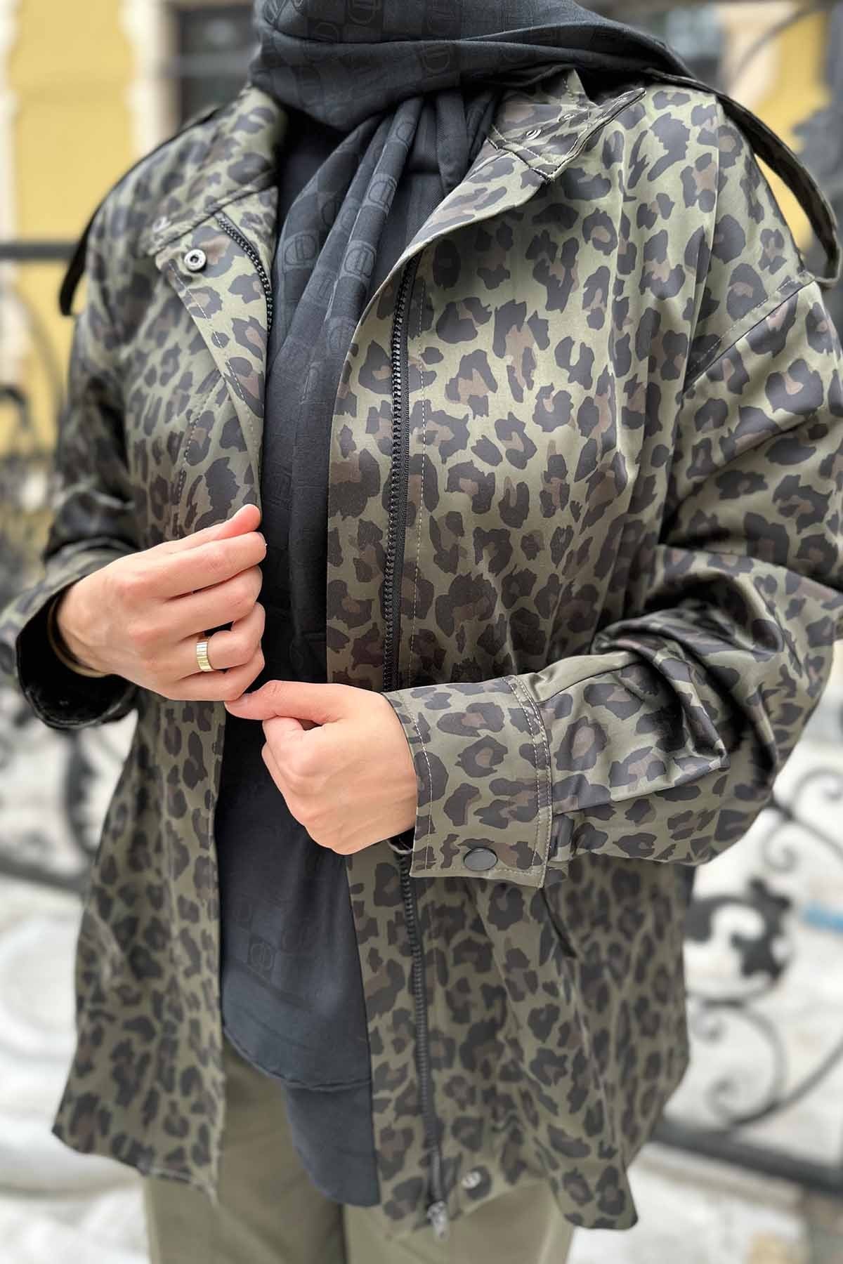 PARAŞÜT KUMAŞ LEOPAR DESEN GARNİLİ BOMBER CEKET