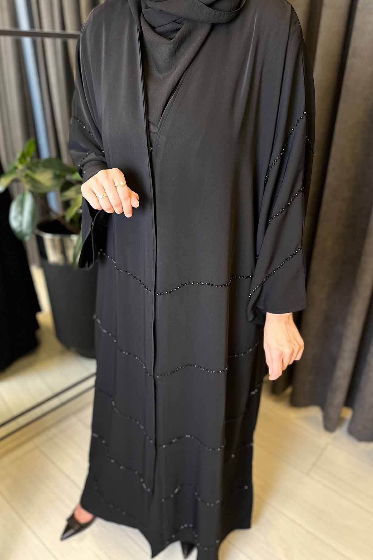 ALVA NOİR LUXE İNCE BONCUK DETAYLI ABAYA