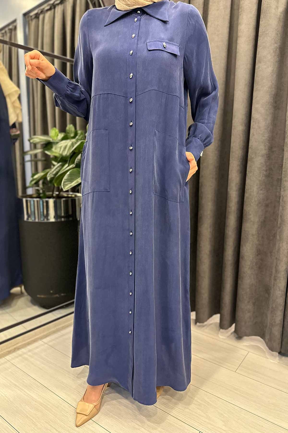 TEK TARAFI PLİSE CUPRA ELBİSE - NAVY BLUE