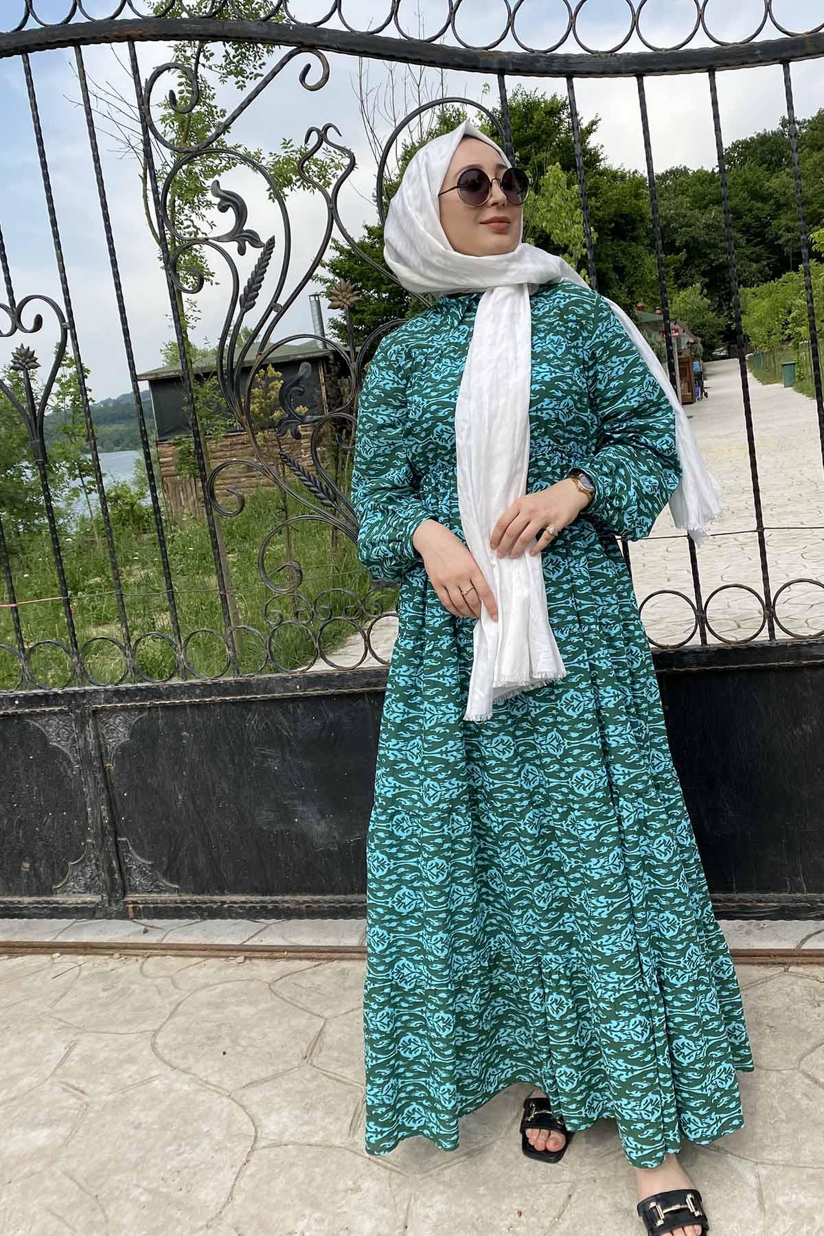 VİSKON PUAN ÇİZGİ DESENLİ ÖNÜ PATLI ELBİSE