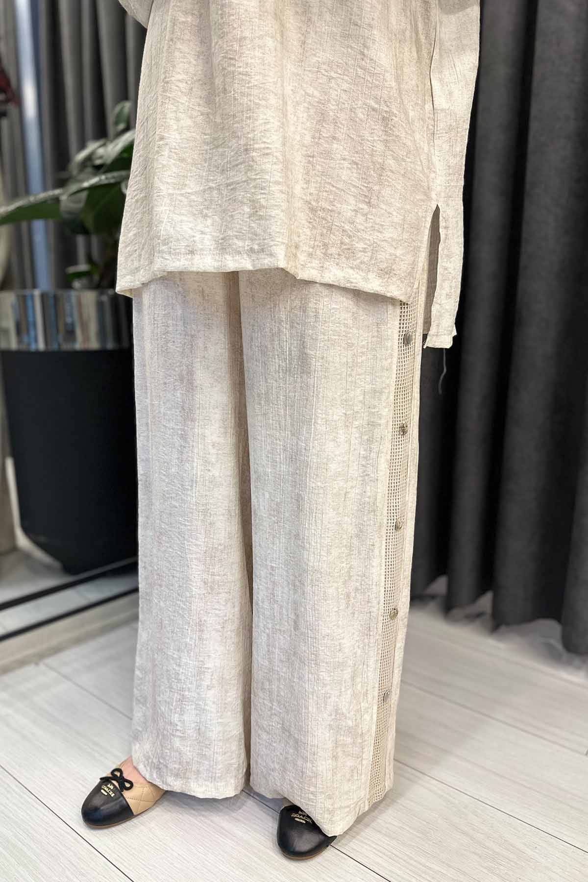 YANLARI FİLE VE DÜĞME DETAYLI TENCEL PANTOLONLU TAKIM