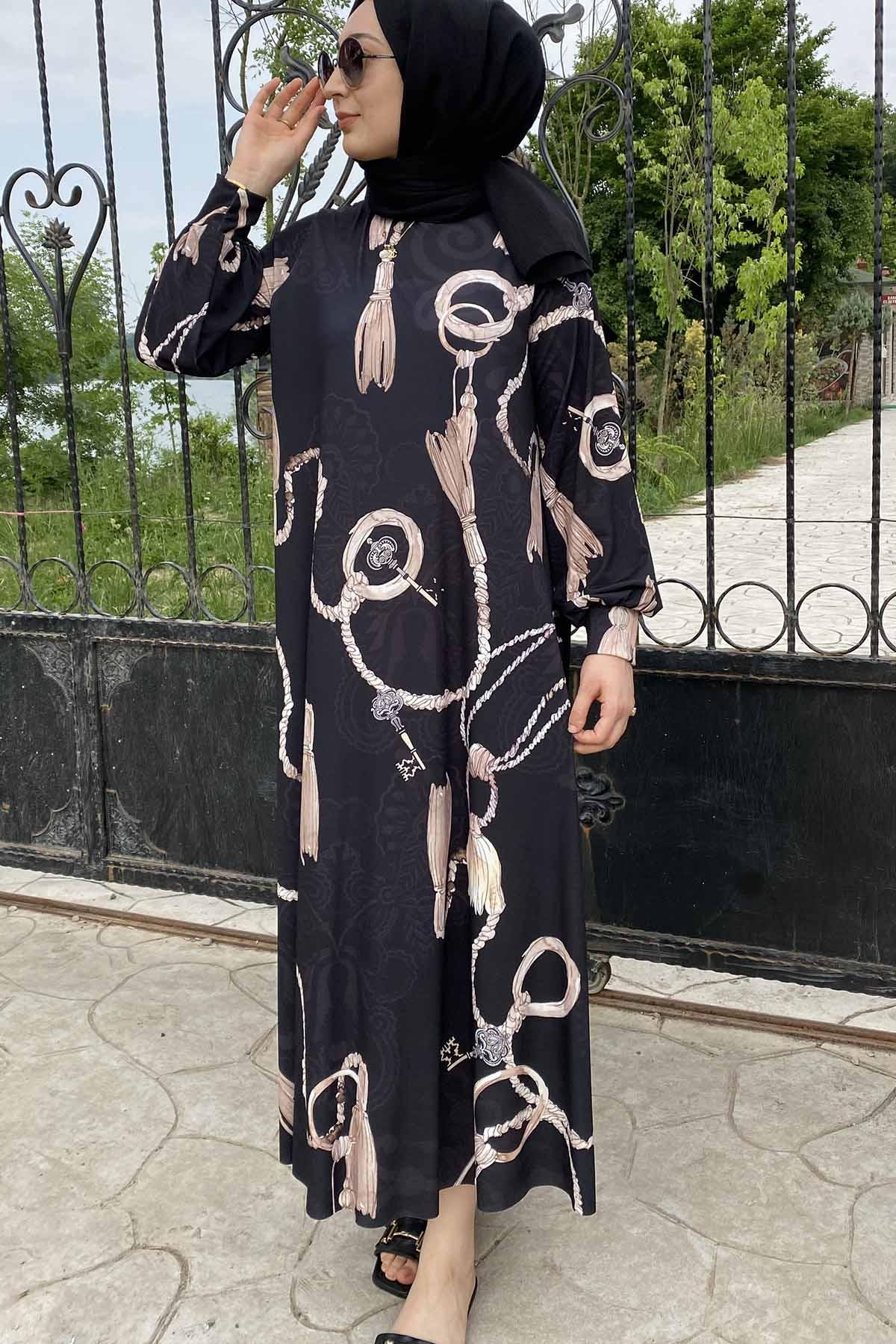 ZİNCİR SAÇAK PÜSKÜL BASKI A FORM ELBİSE